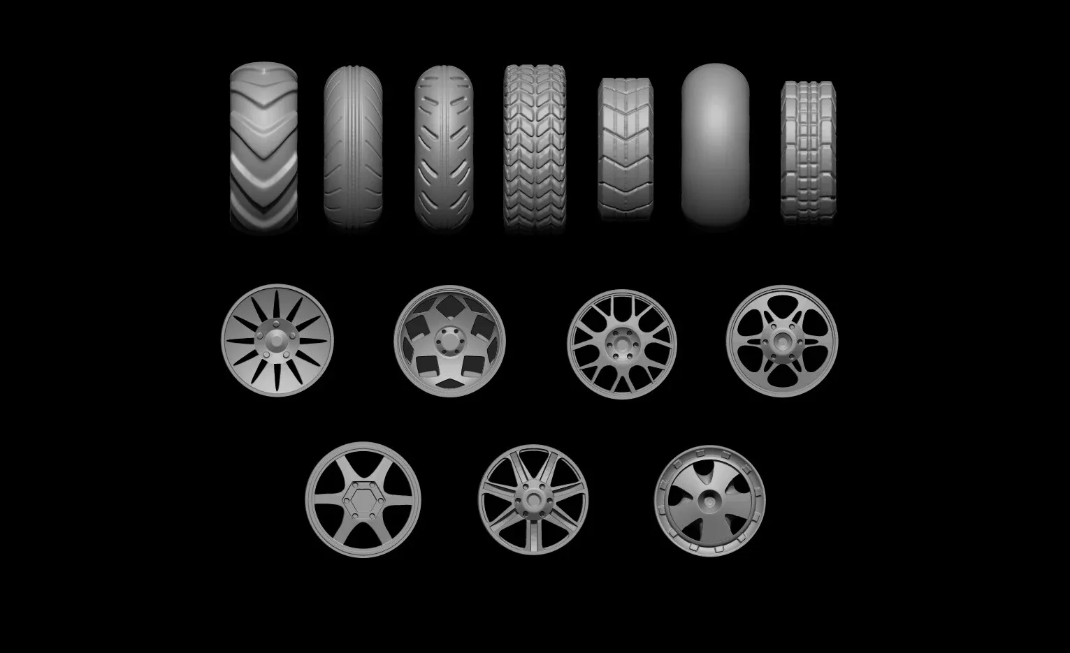 7 Wheels and Tires For Concepting - Zbrush OBJ / ZPR