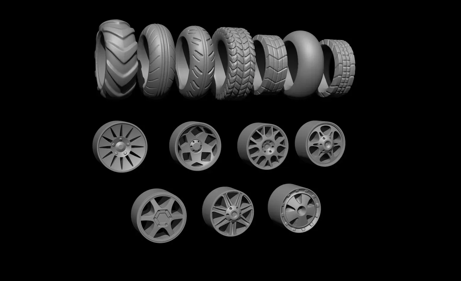 7 Wheels and Tires For Concepting - Zbrush OBJ / ZPR