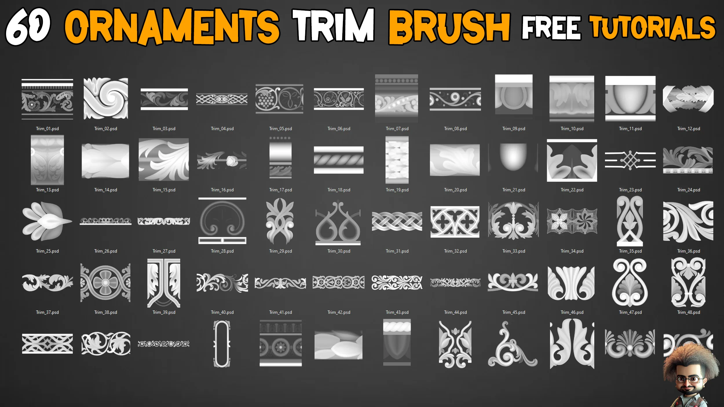 60 Ornaments Trim Brushe + 3D Models + Free Tutorials – Vol 4