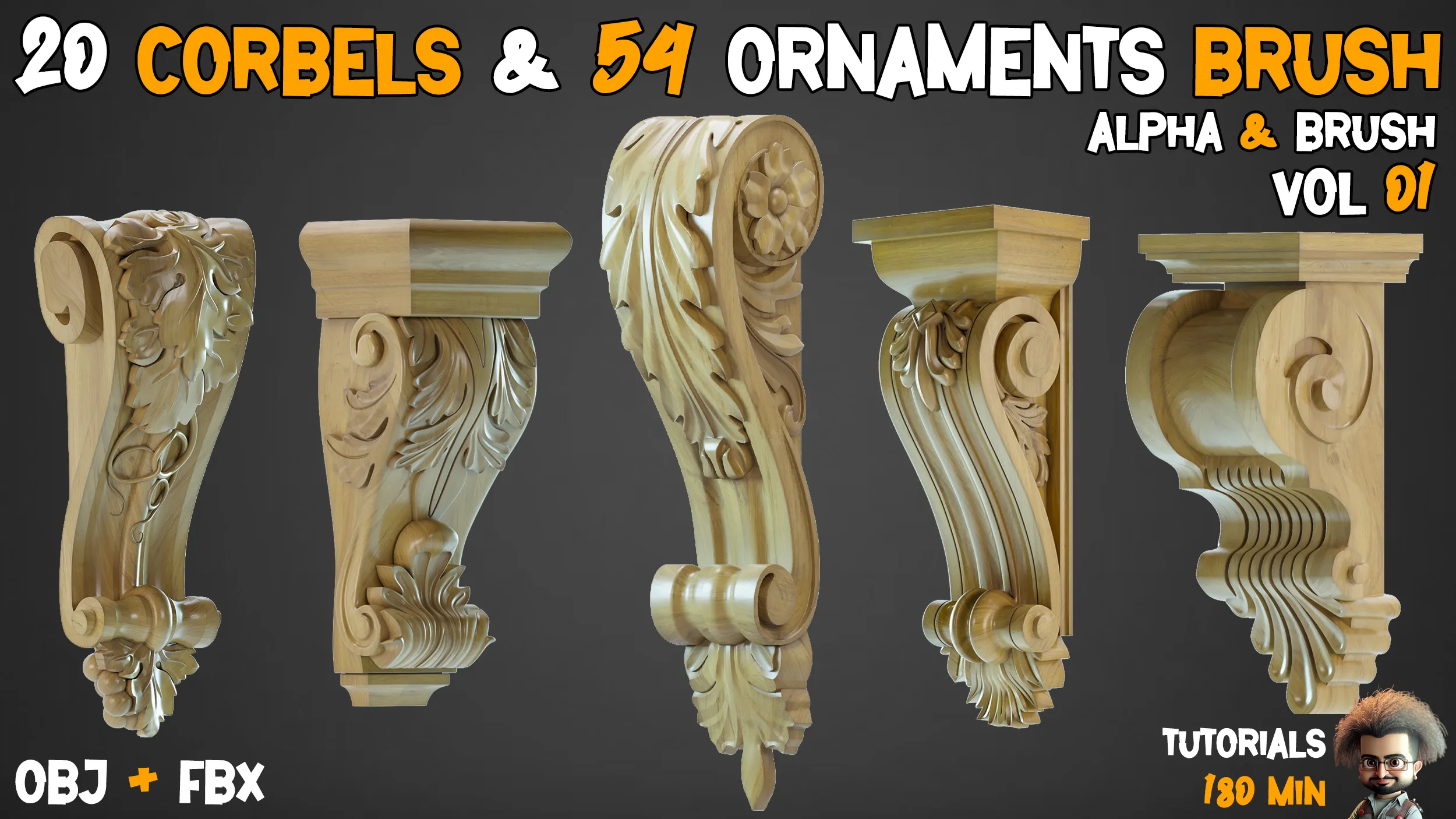 20 Corbels 3D Models + 54 Ornament Brushes and 3D Models + 11 Video Tutorials-VOL 01