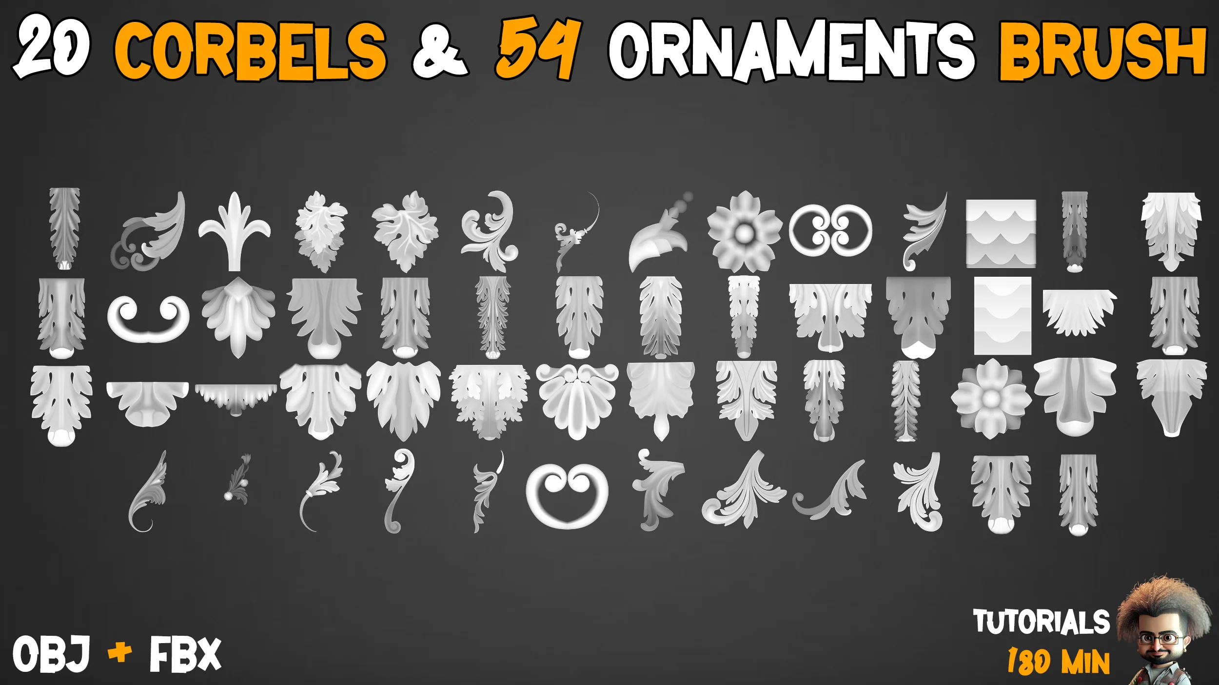 20 Corbels 3D Models + 54 Ornament Brushes and 3D Models + 11 Video Tutorials-VOL 01