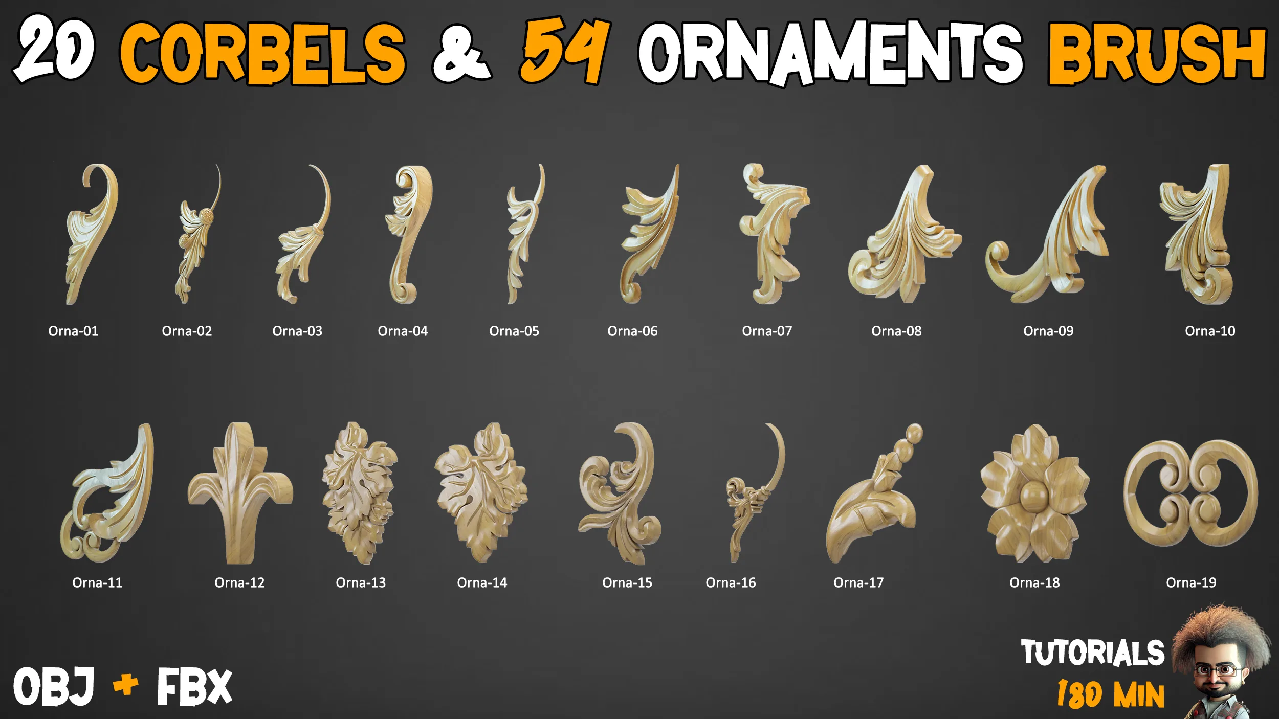 20 Corbels 3D Models + 54 Ornament Brushes and 3D Models + 11 Video Tutorials-VOL 01