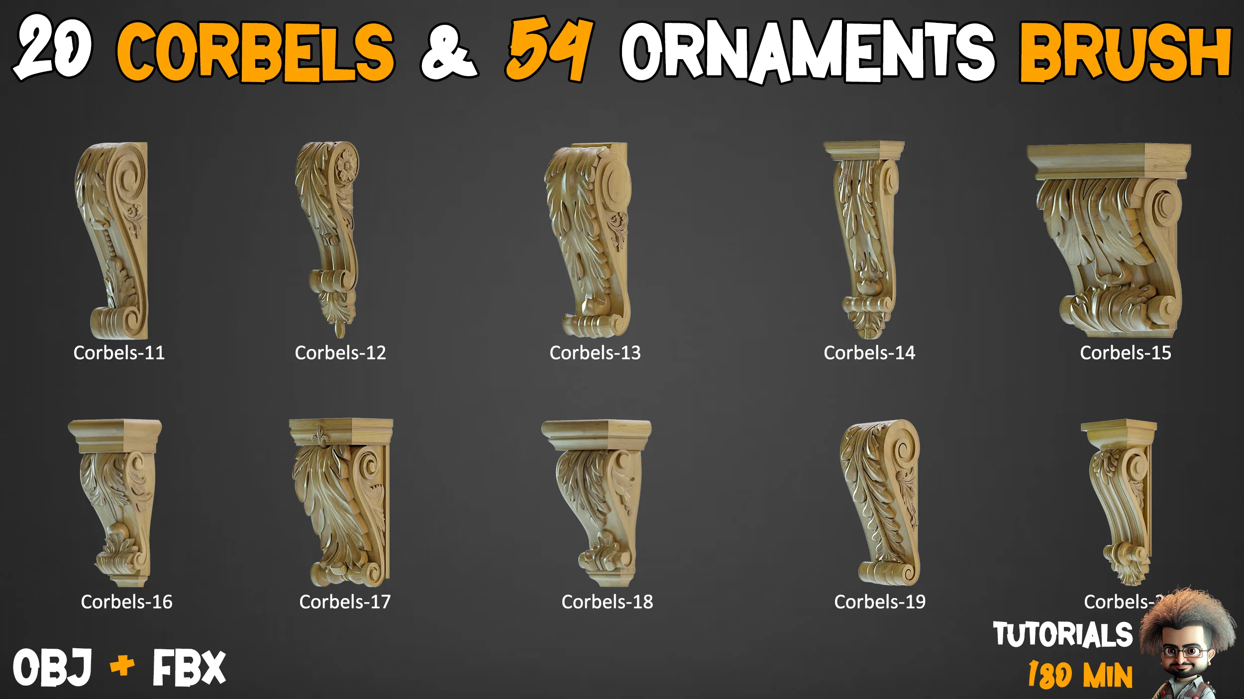 20 Corbels 3D Models + 54 Ornament Brushes and 3D Models + 11 Video Tutorials-VOL 01