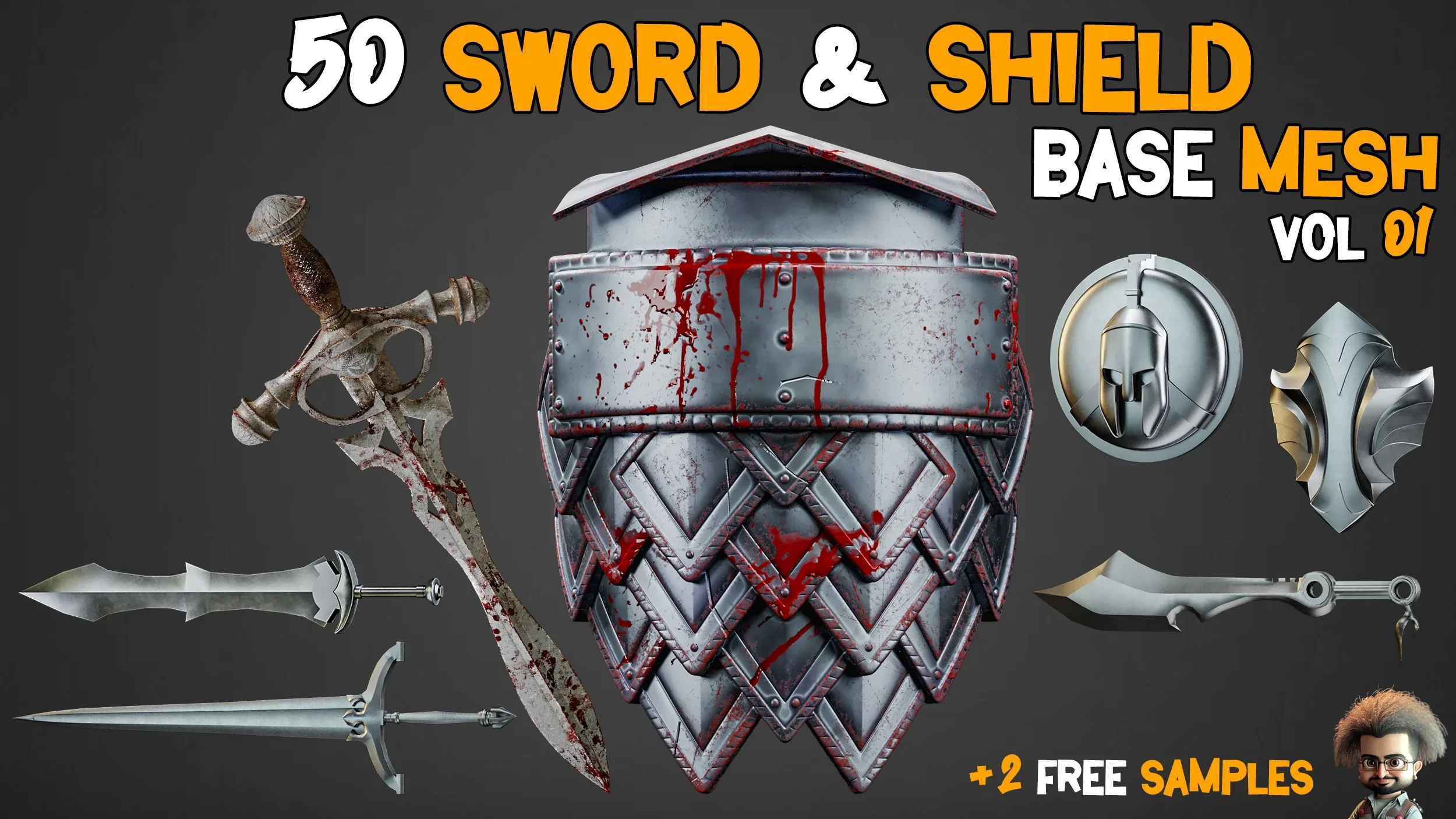 50 Sword & Shield Base Mesh - VOL 01 ( Game Ready )