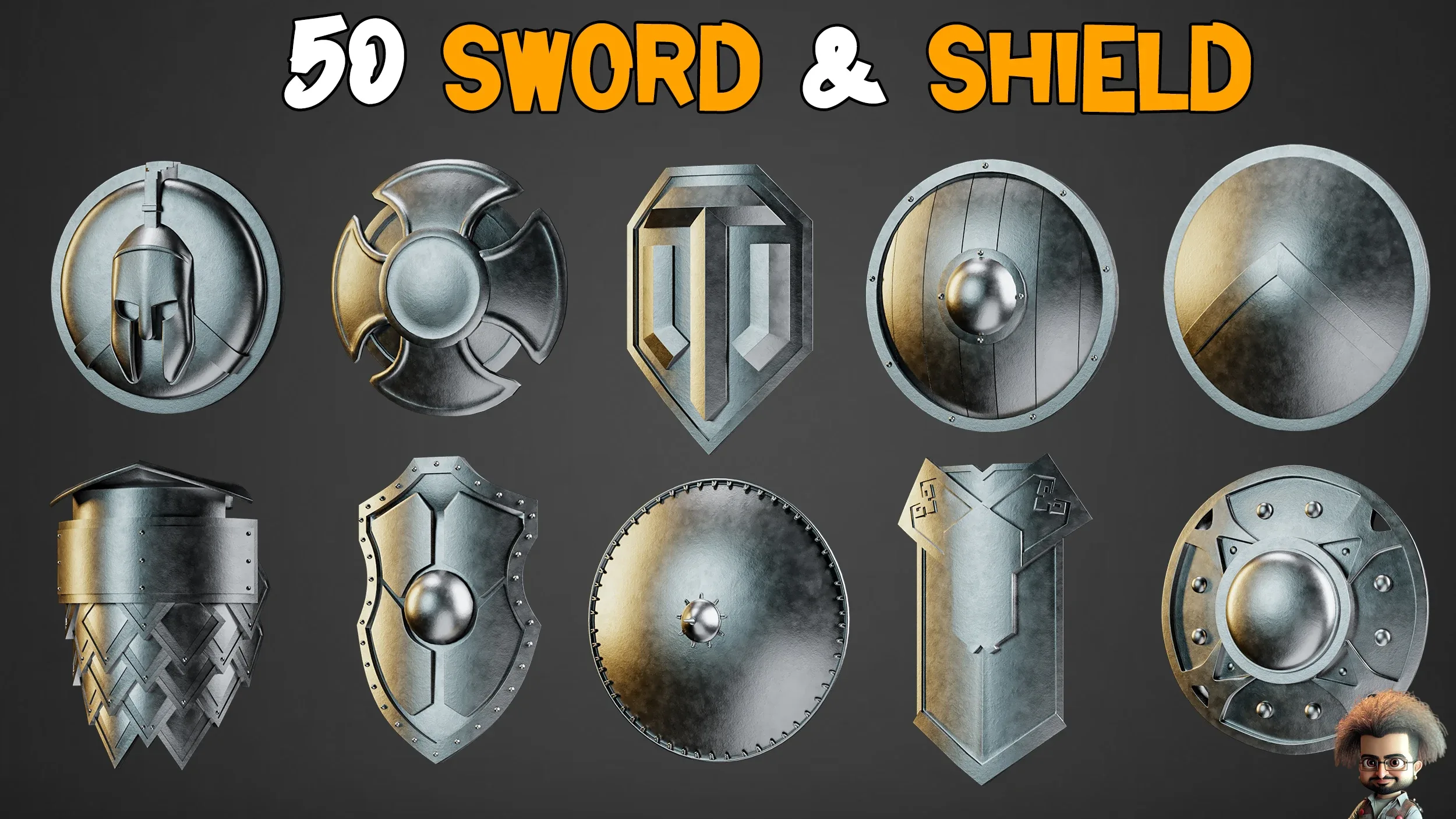 50 Sword & Shield Base Mesh - VOL 01 ( Game Ready )