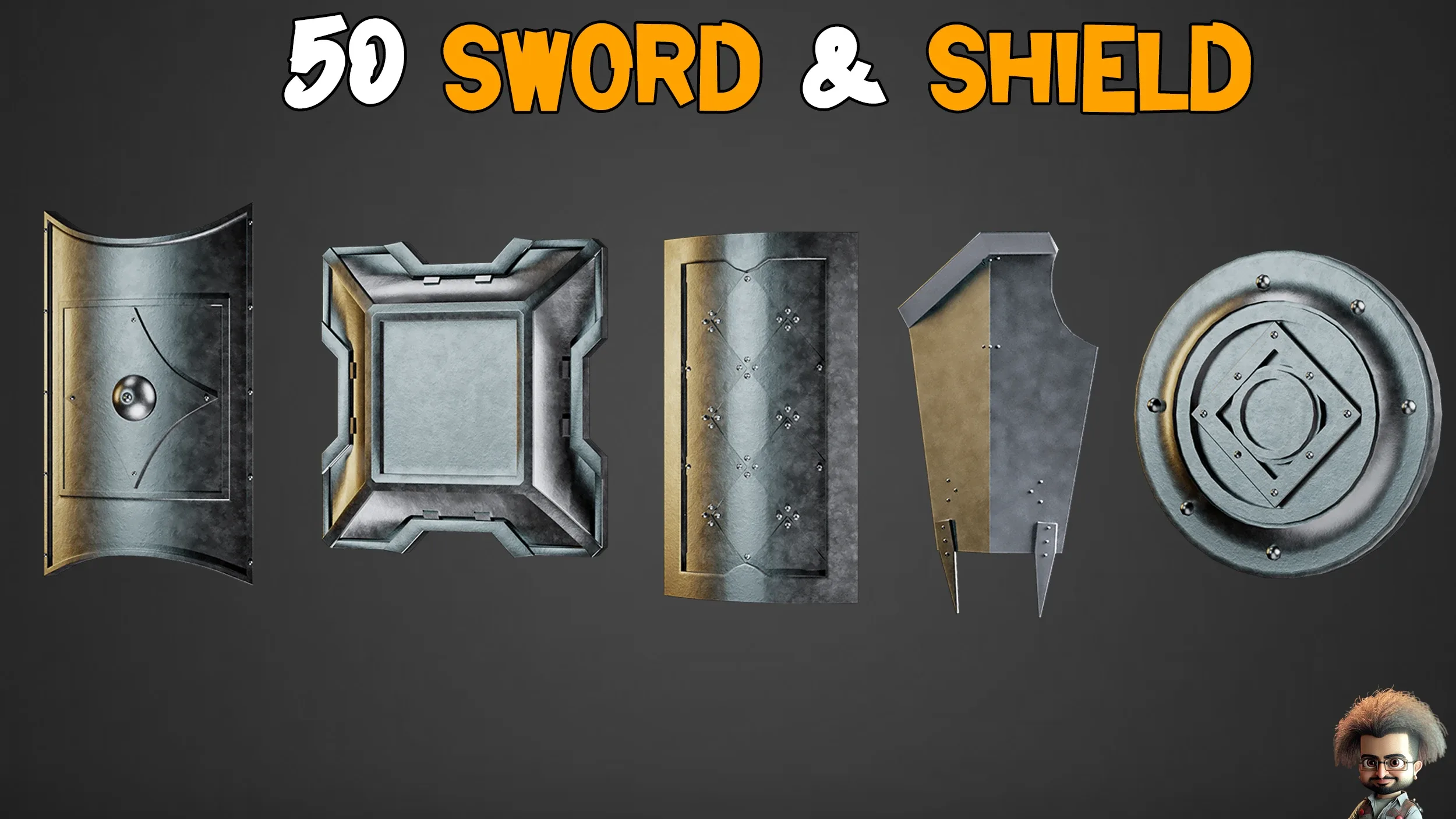 50 Sword & Shield Base Mesh - VOL 01 ( Game Ready )