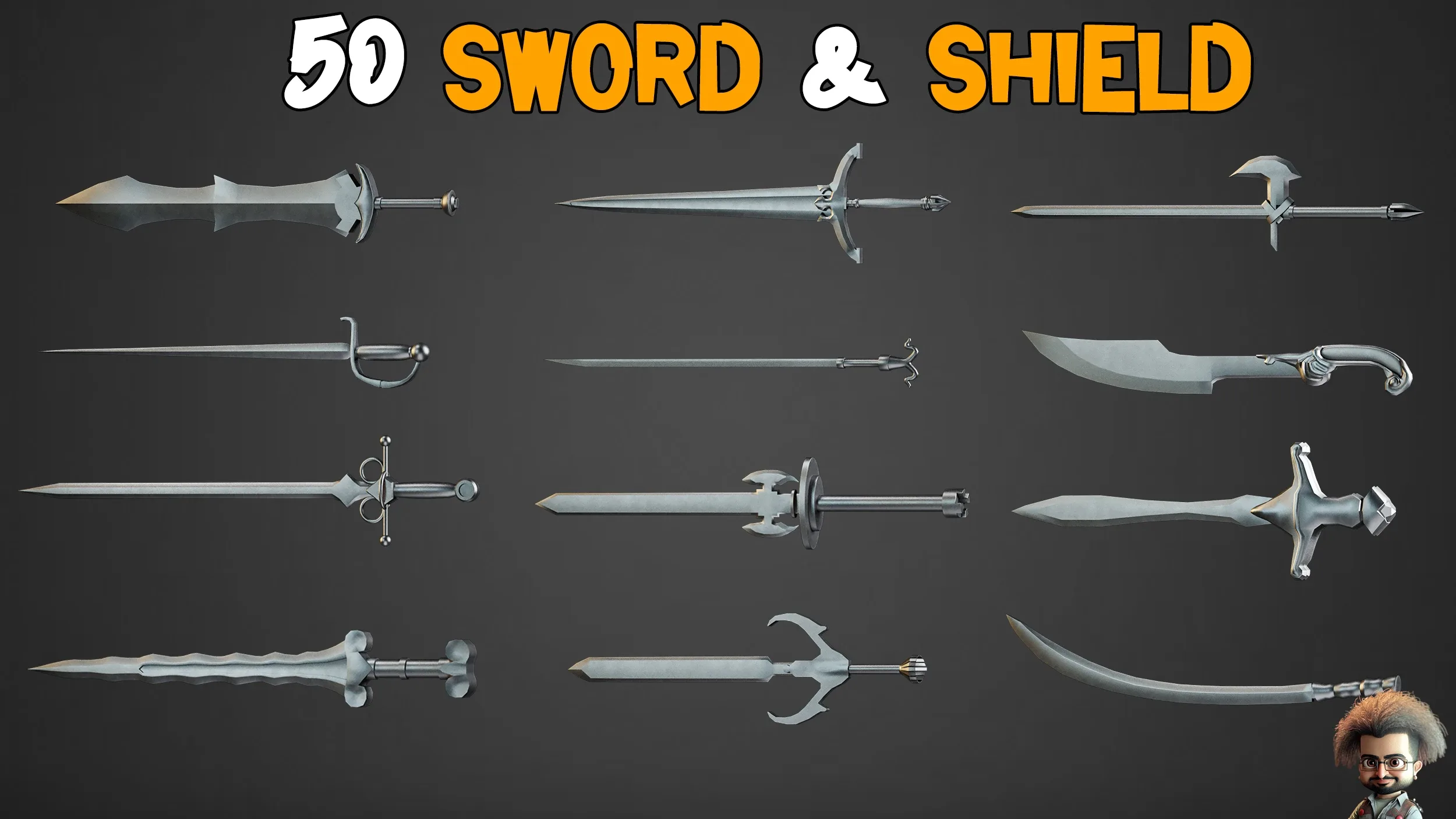 50 Sword & Shield Base Mesh - VOL 01 ( Game Ready )