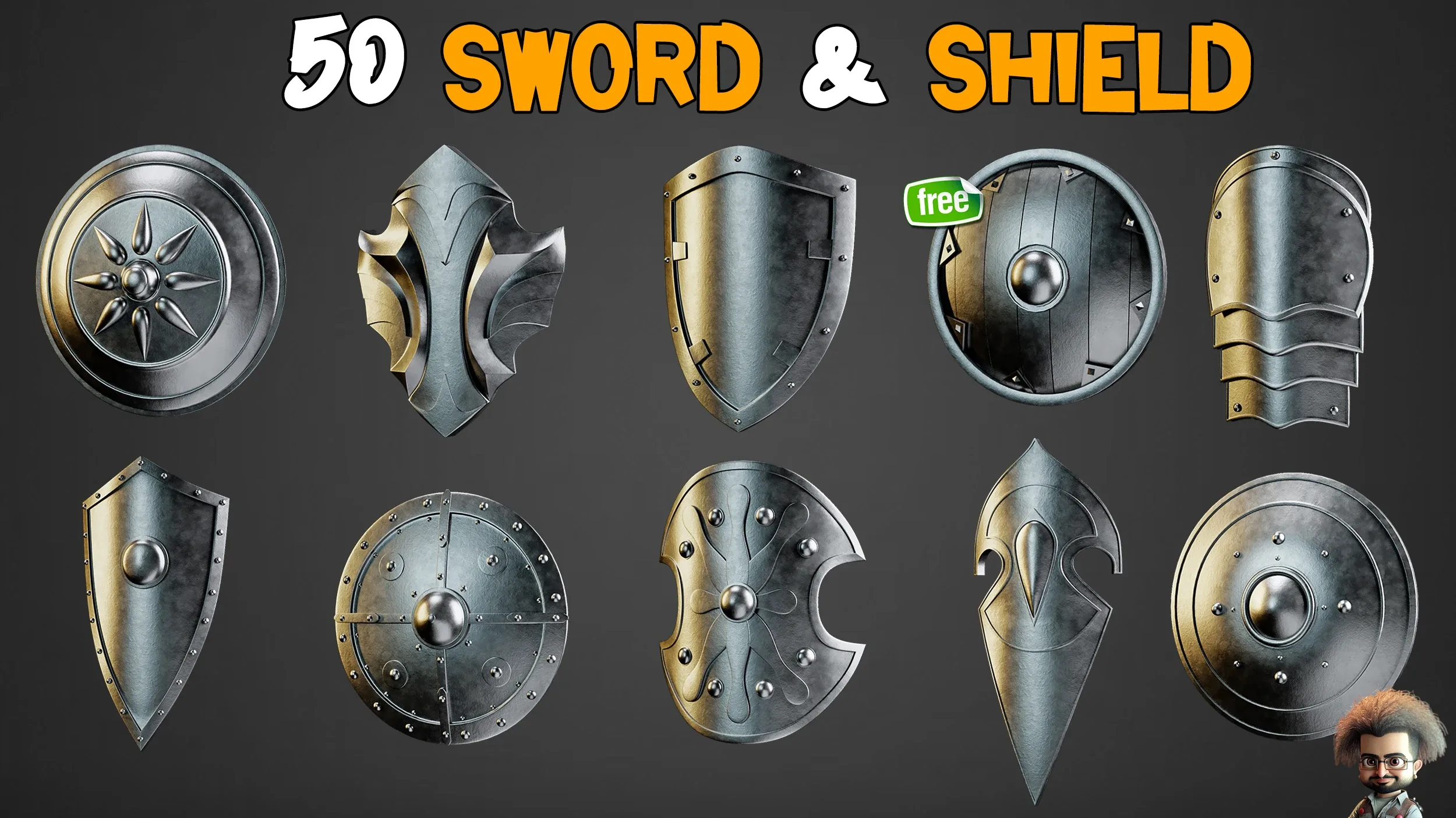 50 Sword & Shield Base Mesh - VOL 01 ( Game Ready )