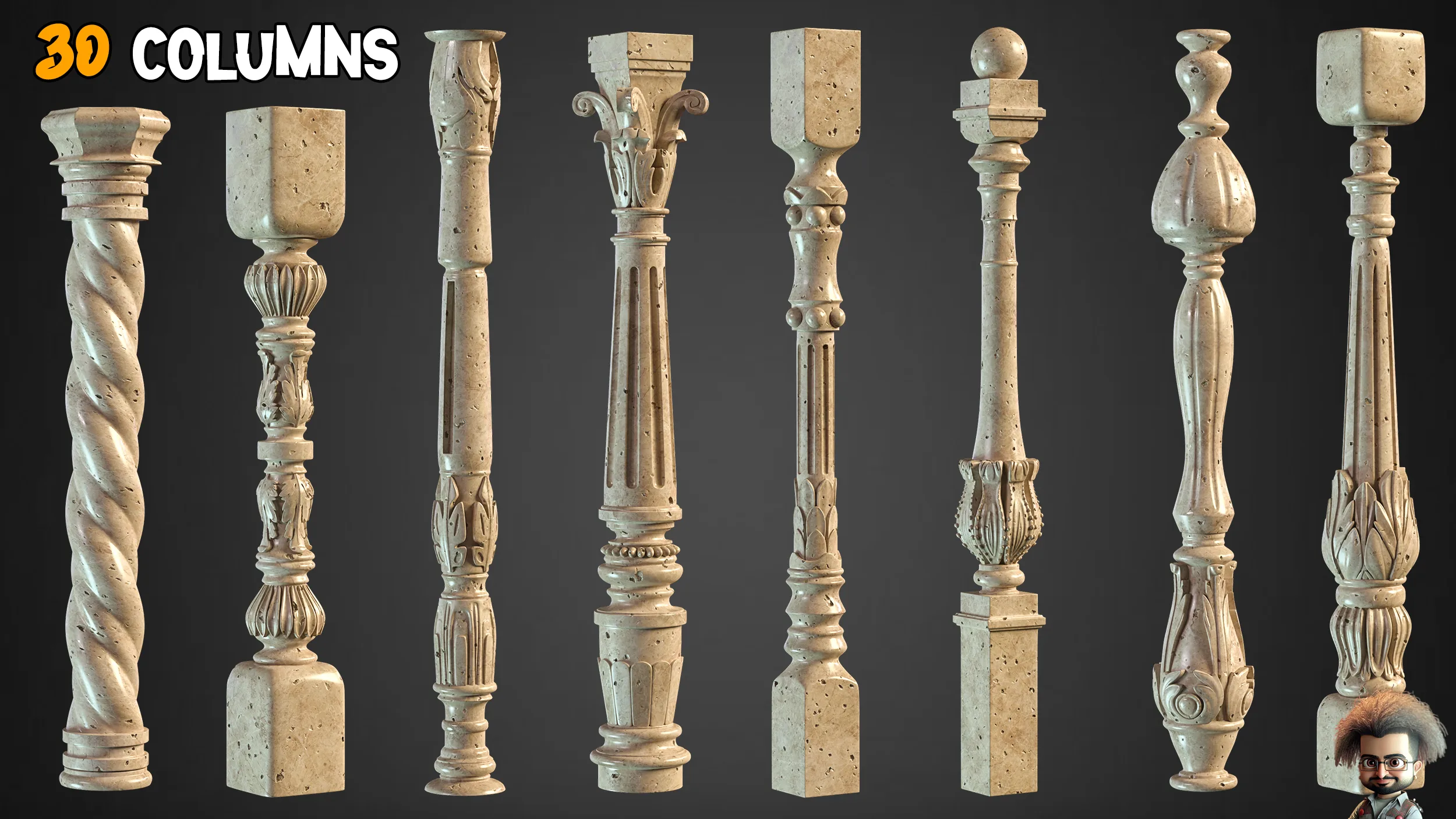 30 Columns + 25 Ornaments brush + 3D Models  - Free Tutorials – Vol 7