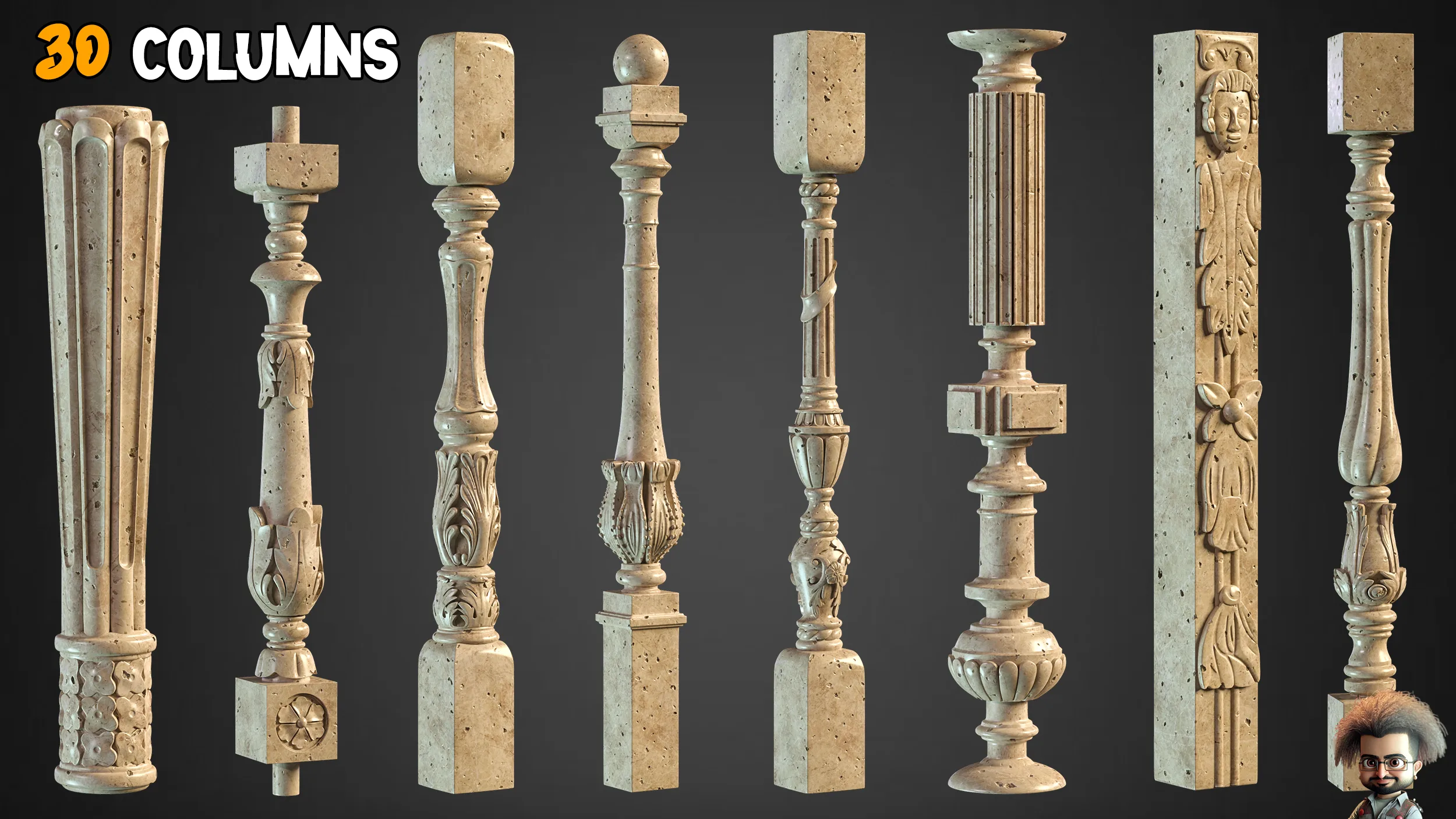 30 Columns + 25 Ornaments brush + 3D Models  - Free Tutorials – Vol 7