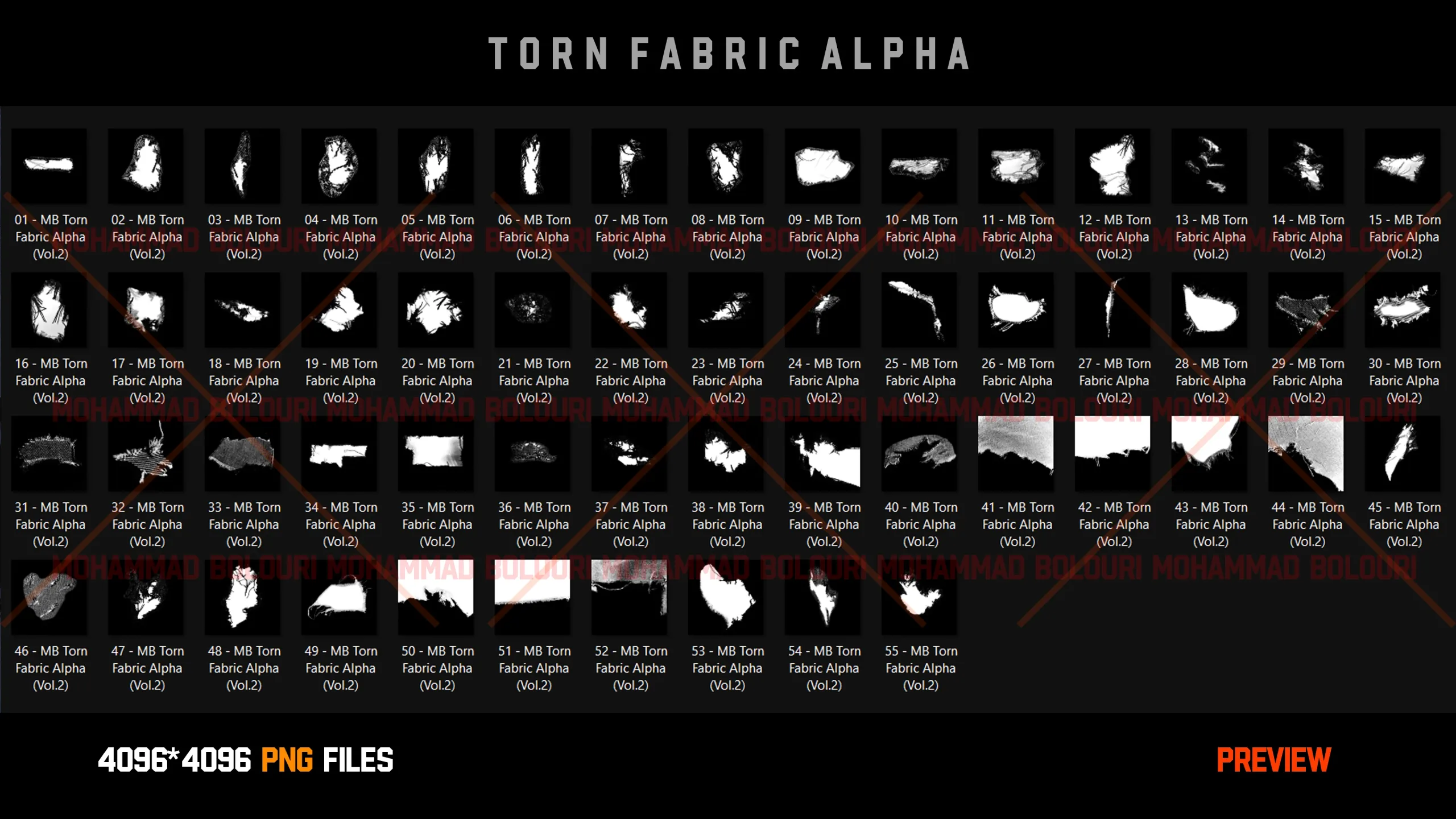 " 55 Torn Fabric Alphas " (Vol.2) + Video Tutorial