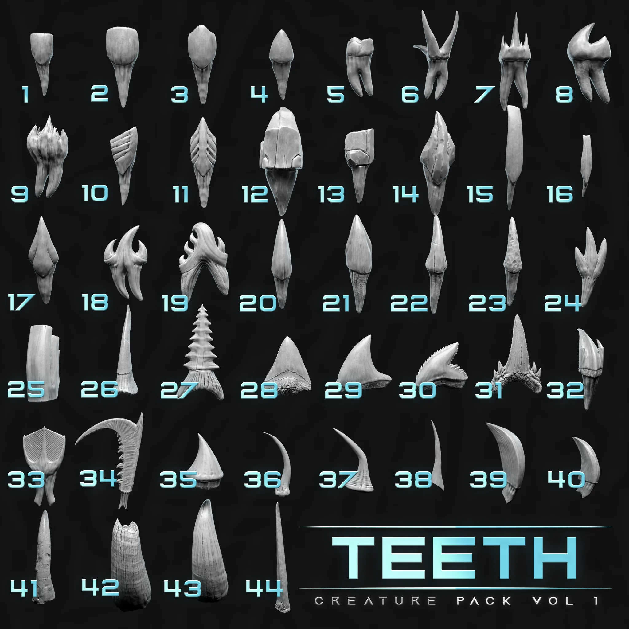 44 TEETH - High Detailed Teeth For Creatures - IMM Zbursh, Blender