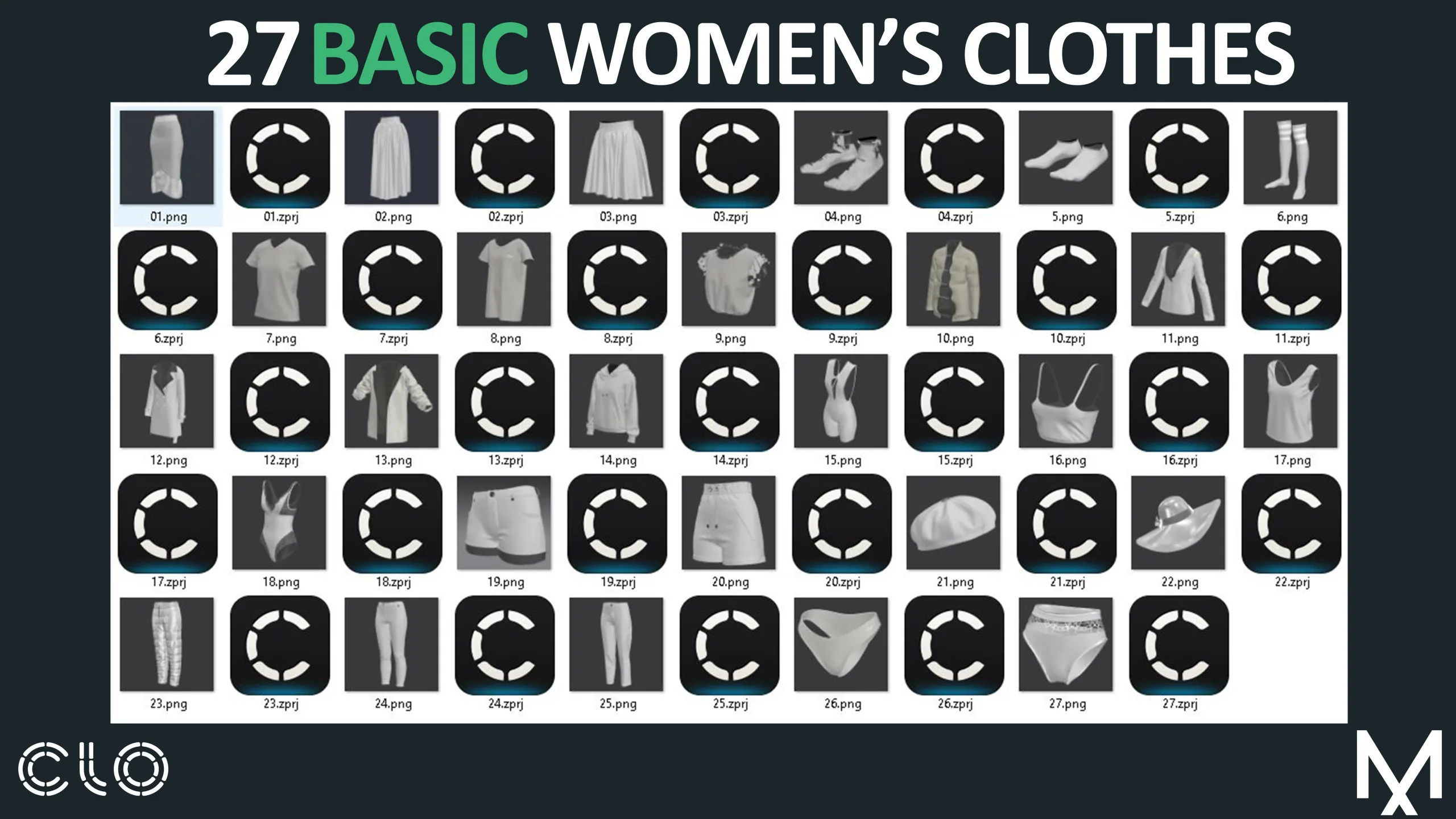 27 BASIC WOMEN'S CLOTHES / Marvelous Designer / CLO3D + ZPRJ + OBJ