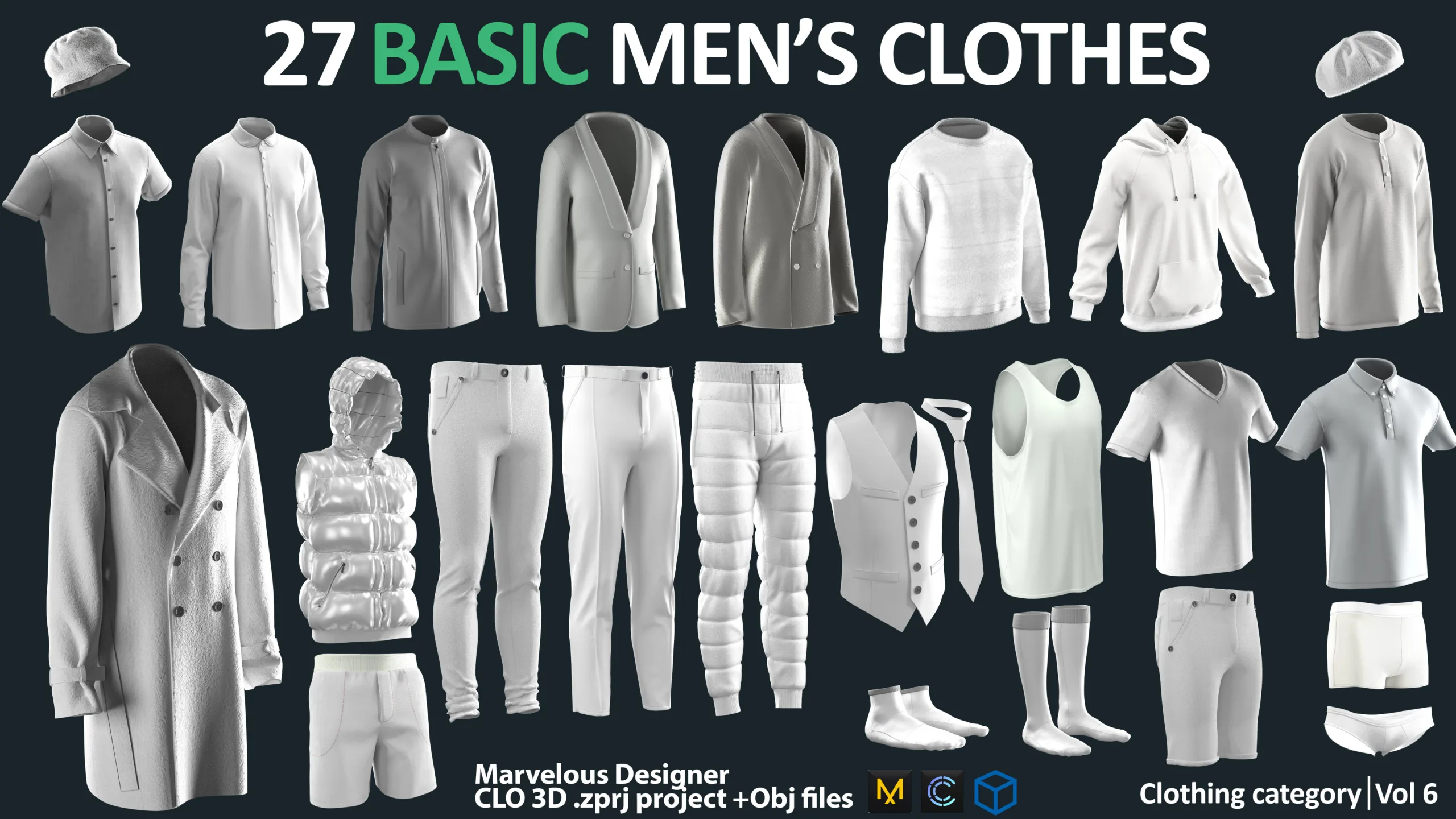 27 Basic men clothes Marvelous Designer / zprj + obj + fbx