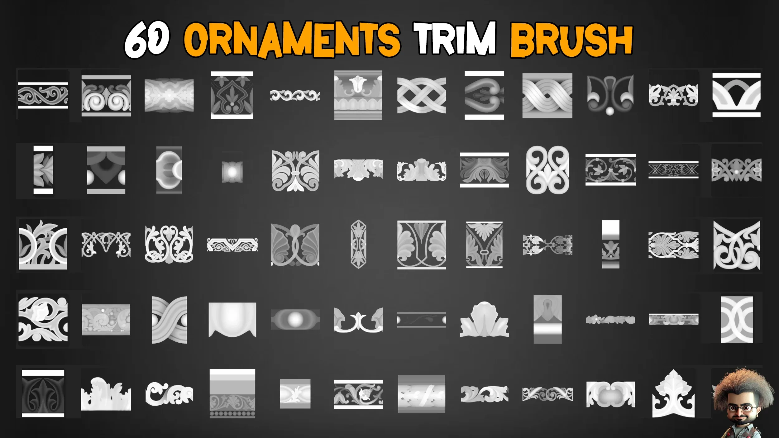 60 Ornaments Trim Brush + 3D model + Free tutorials Vol-6