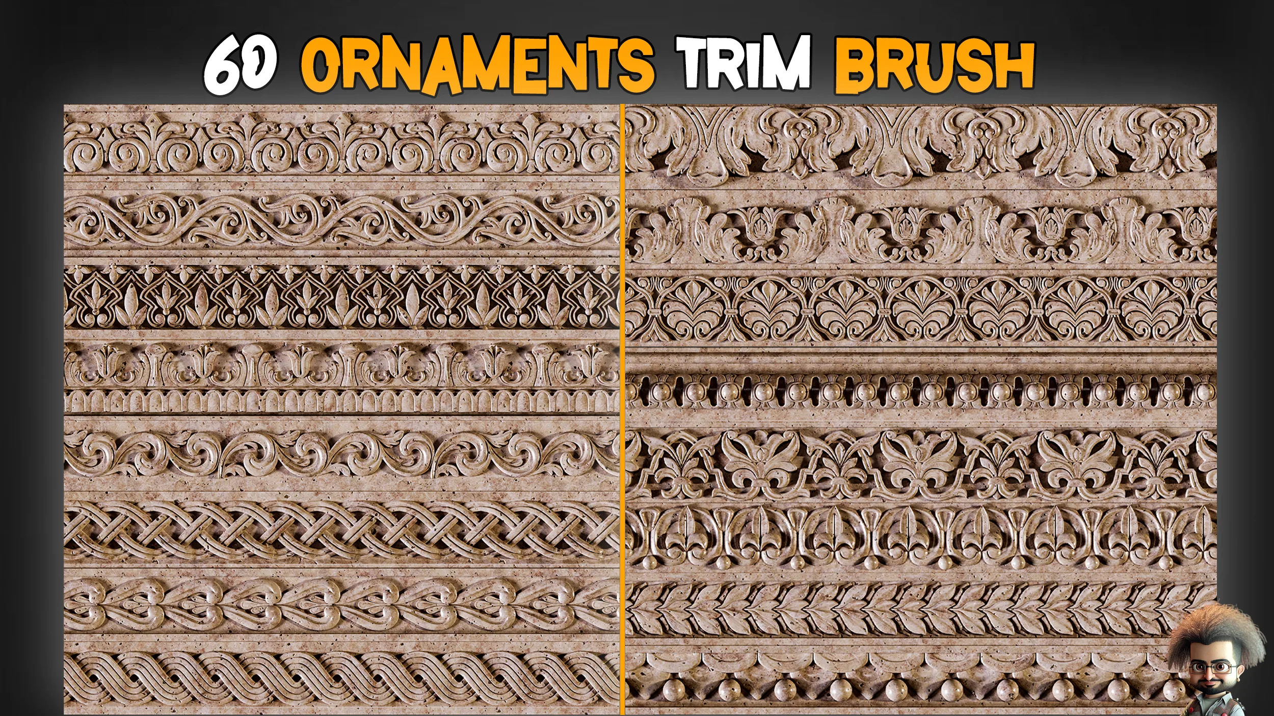 60 Ornaments Trim Brush + 3D model + Free tutorials Vol-6