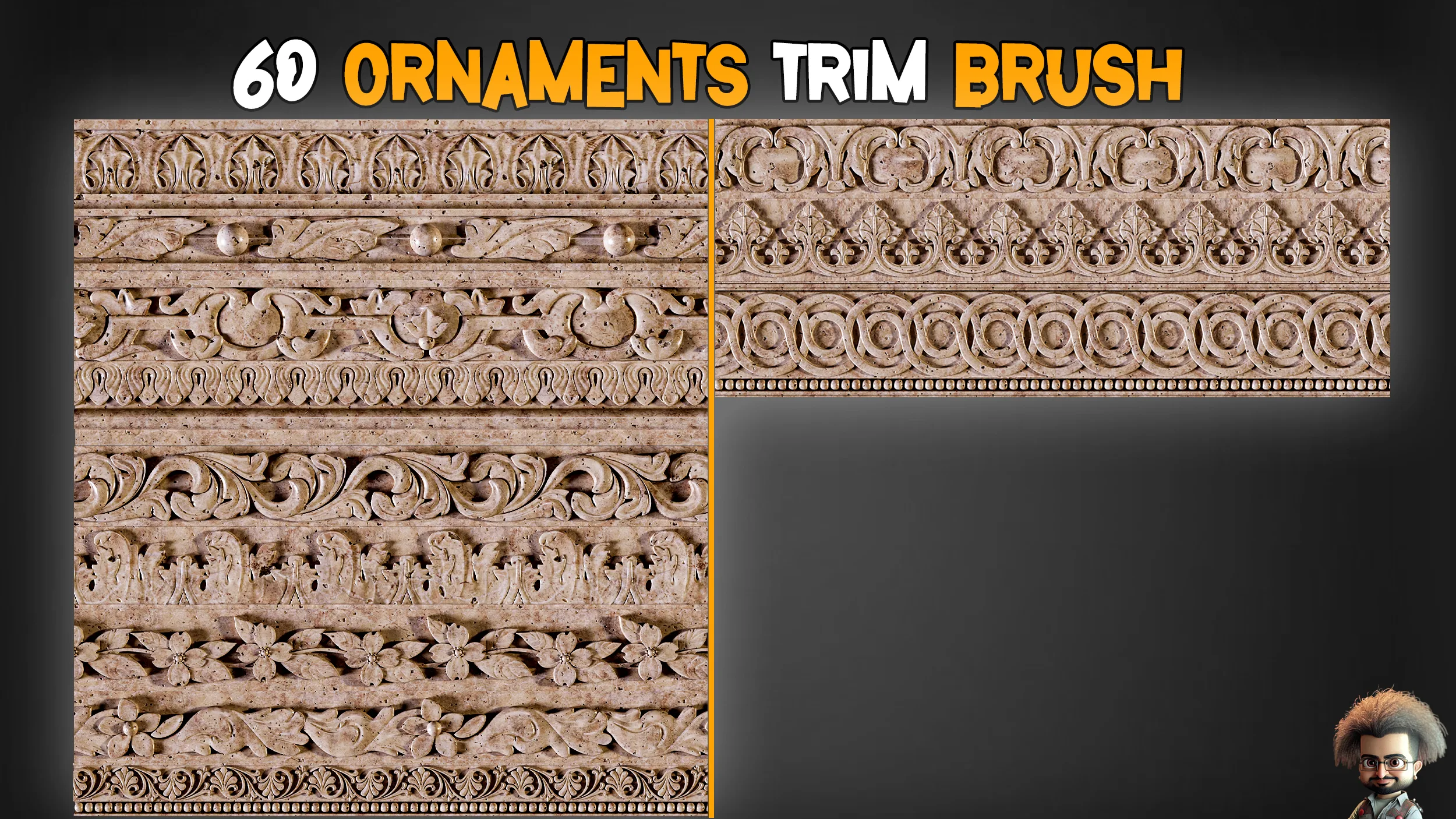 60 Ornaments Trim Brush + 3D model + Free tutorials Vol-6