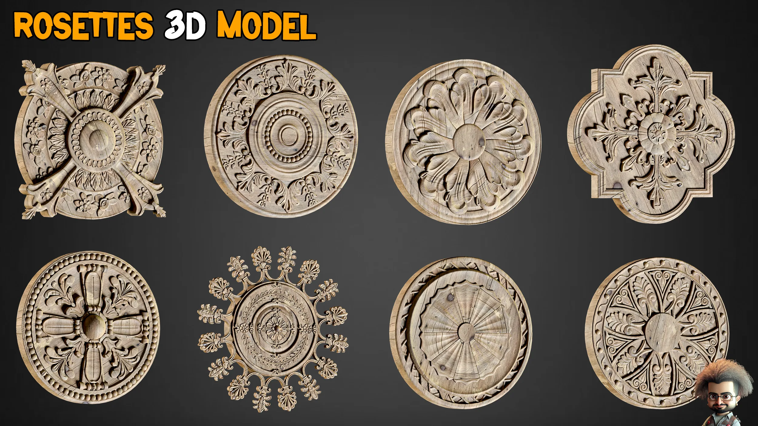 80 Flower Ornaments & 30 Rosettes 3D Model – Free Tutorials - Vol 8