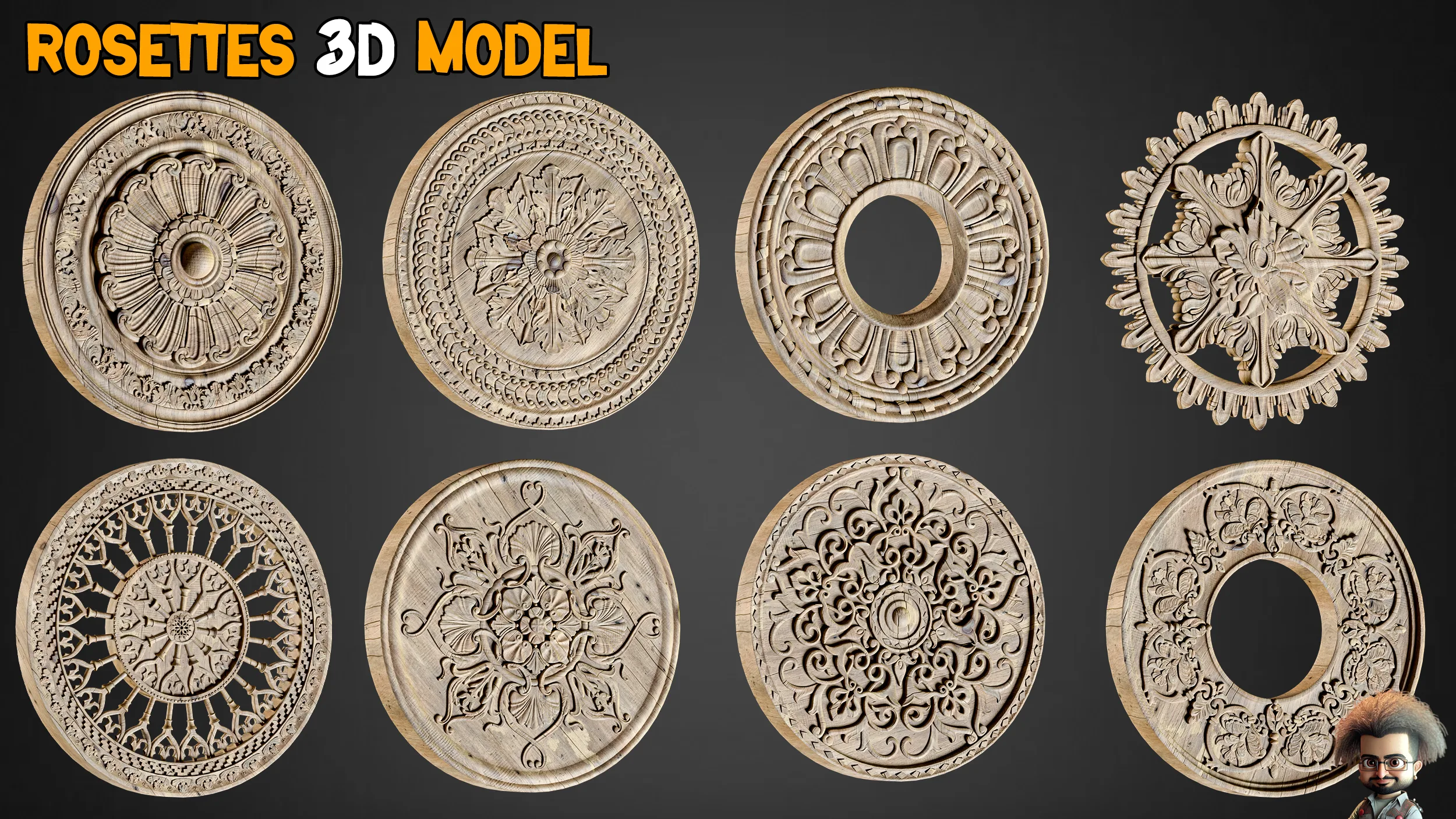 80 Flower Ornaments & 30 Rosettes 3D Model – Free Tutorials - Vol 8