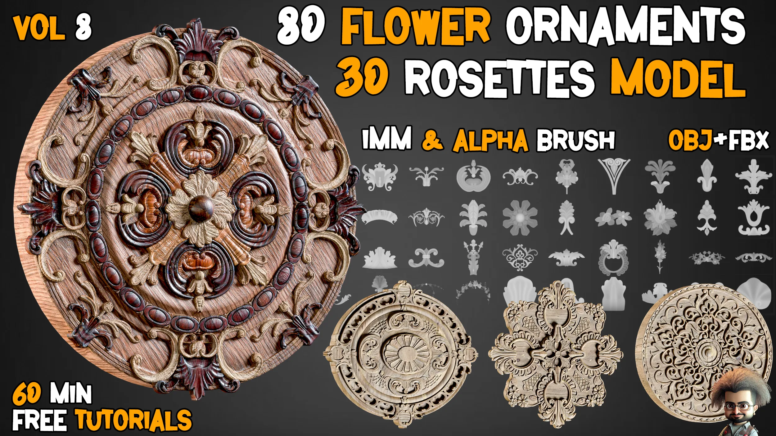 80 Flower Ornaments & 30 Rosettes 3D Model – Free Tutorials - Vol 8