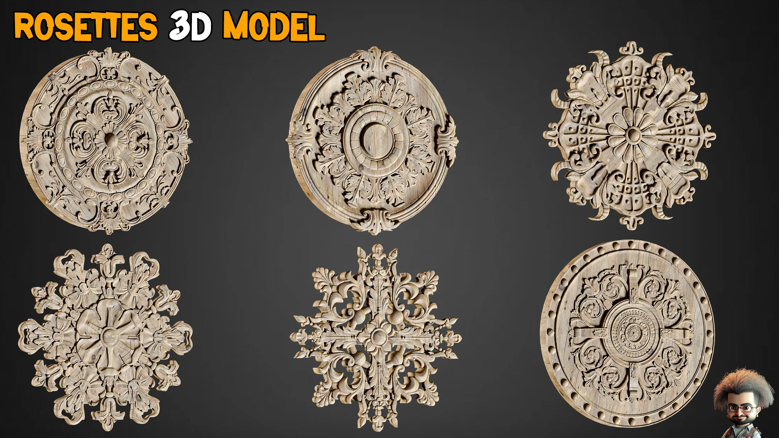 80 Flower Ornaments & 30 Rosettes 3D Model – Free Tutorials - Vol 8