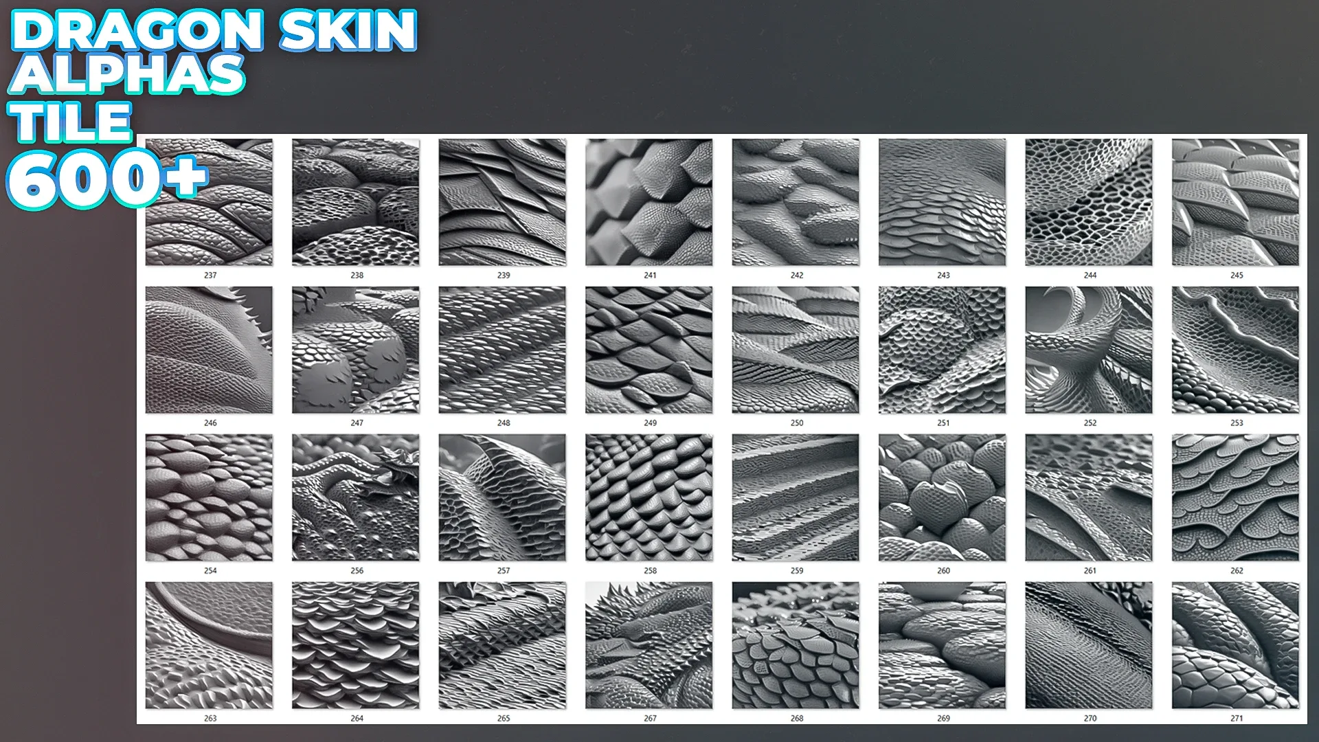 600+ Reptile, Dragon, Snake Skin Alphas for ZBrush (Displacement map) vol.3