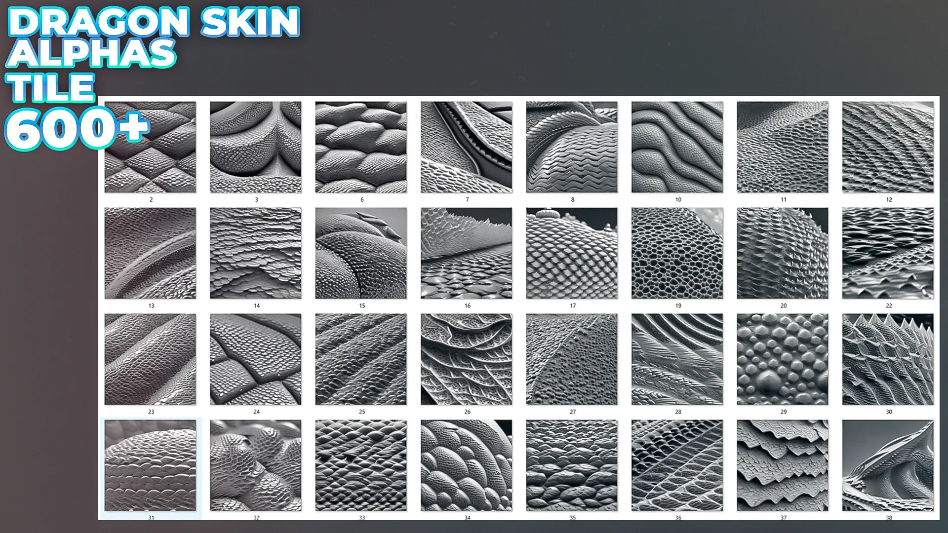 600+ Reptile, Dragon, Snake Skin Alphas for ZBrush (Displacement map) vol.3