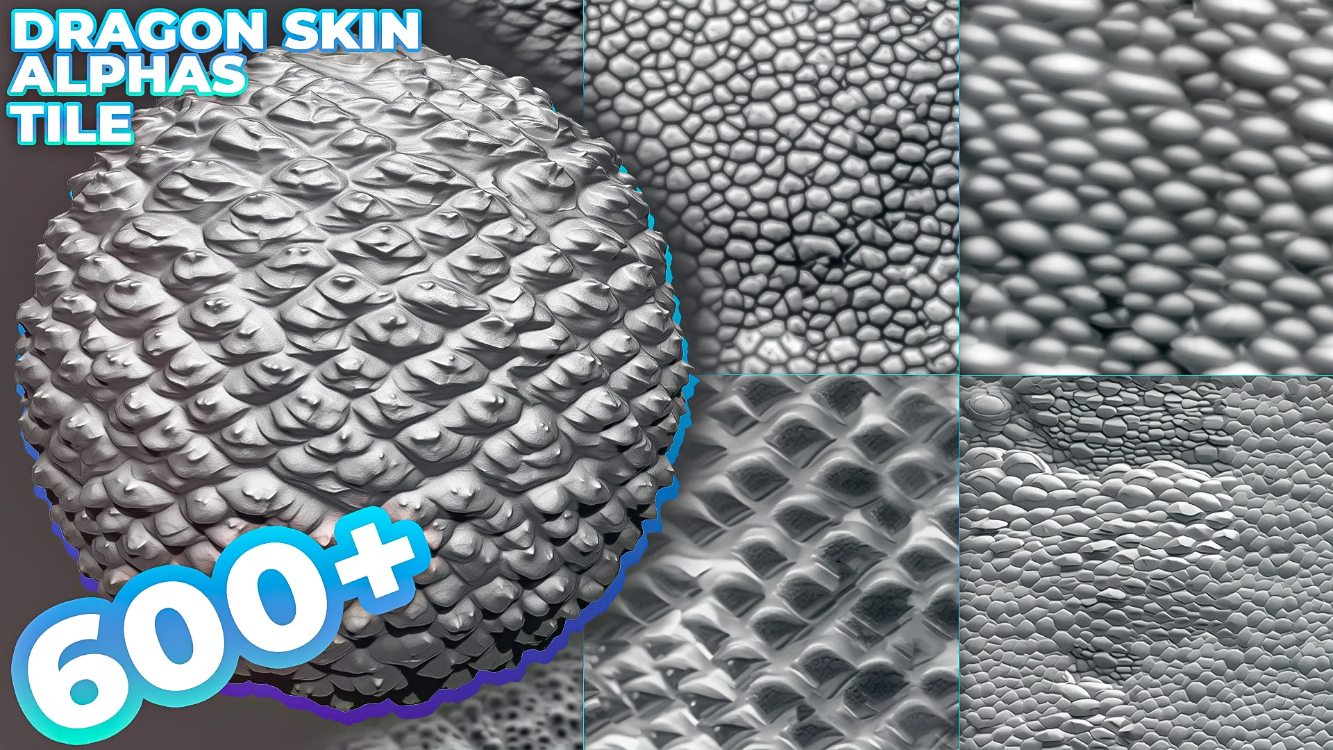 600+ Reptile, Dragon, Snake Skin Alphas for ZBrush (Displacement map) vol.3