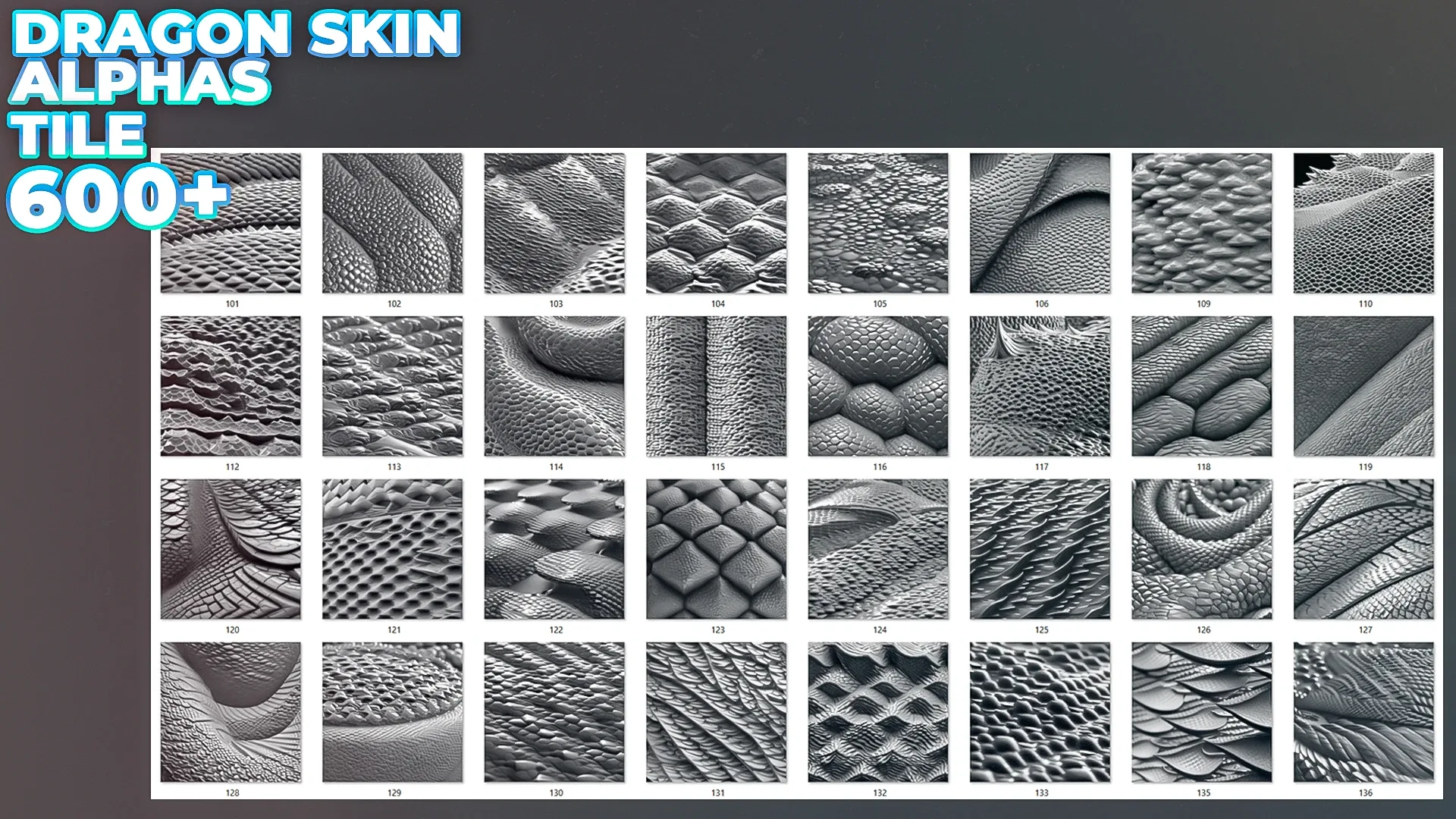 600+ Reptile, Dragon, Snake Skin Alphas for ZBrush (Displacement map) vol.3