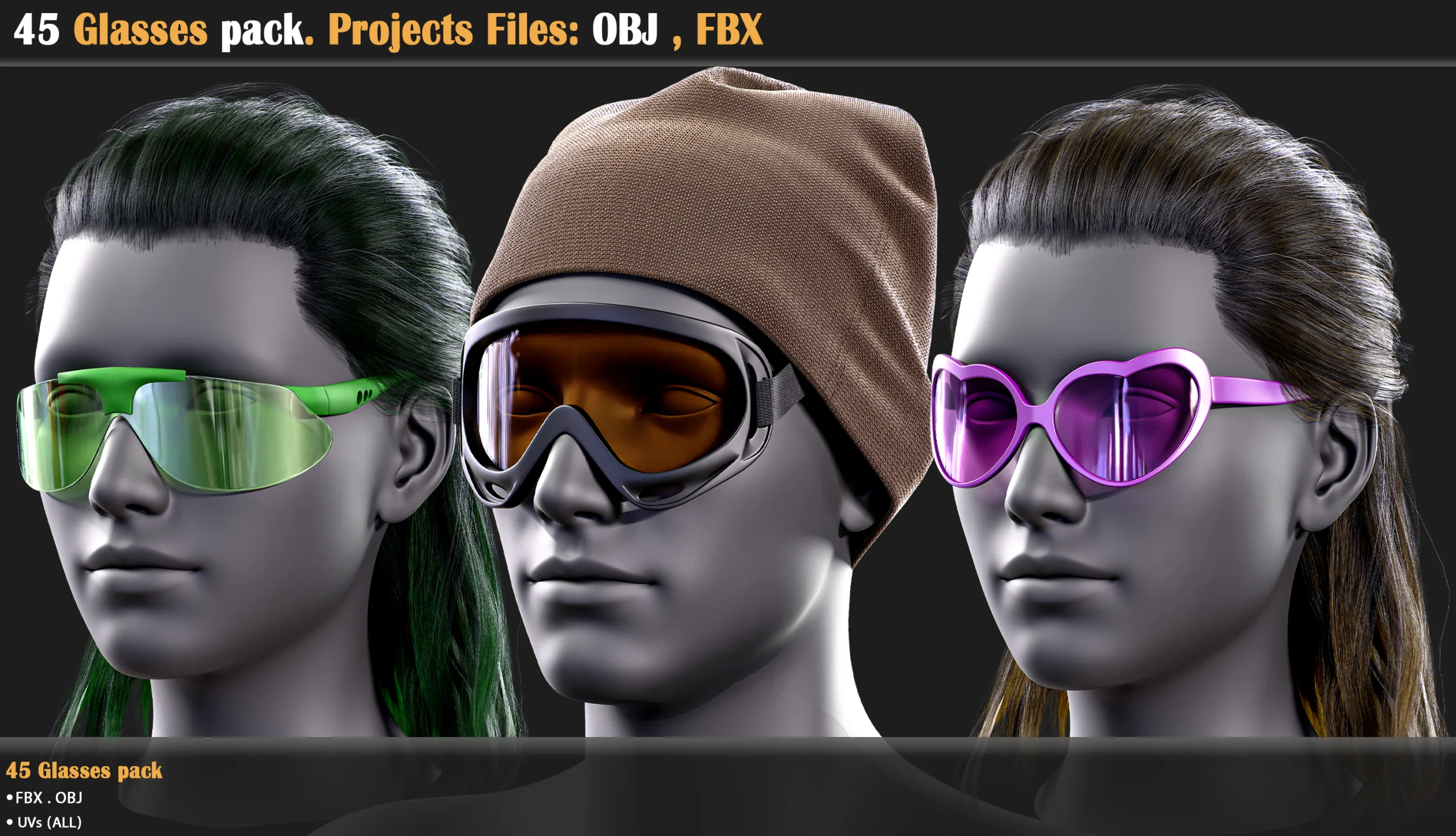 45 Glasses pack . Projects Files: OBJ , FBX (VOL 02)