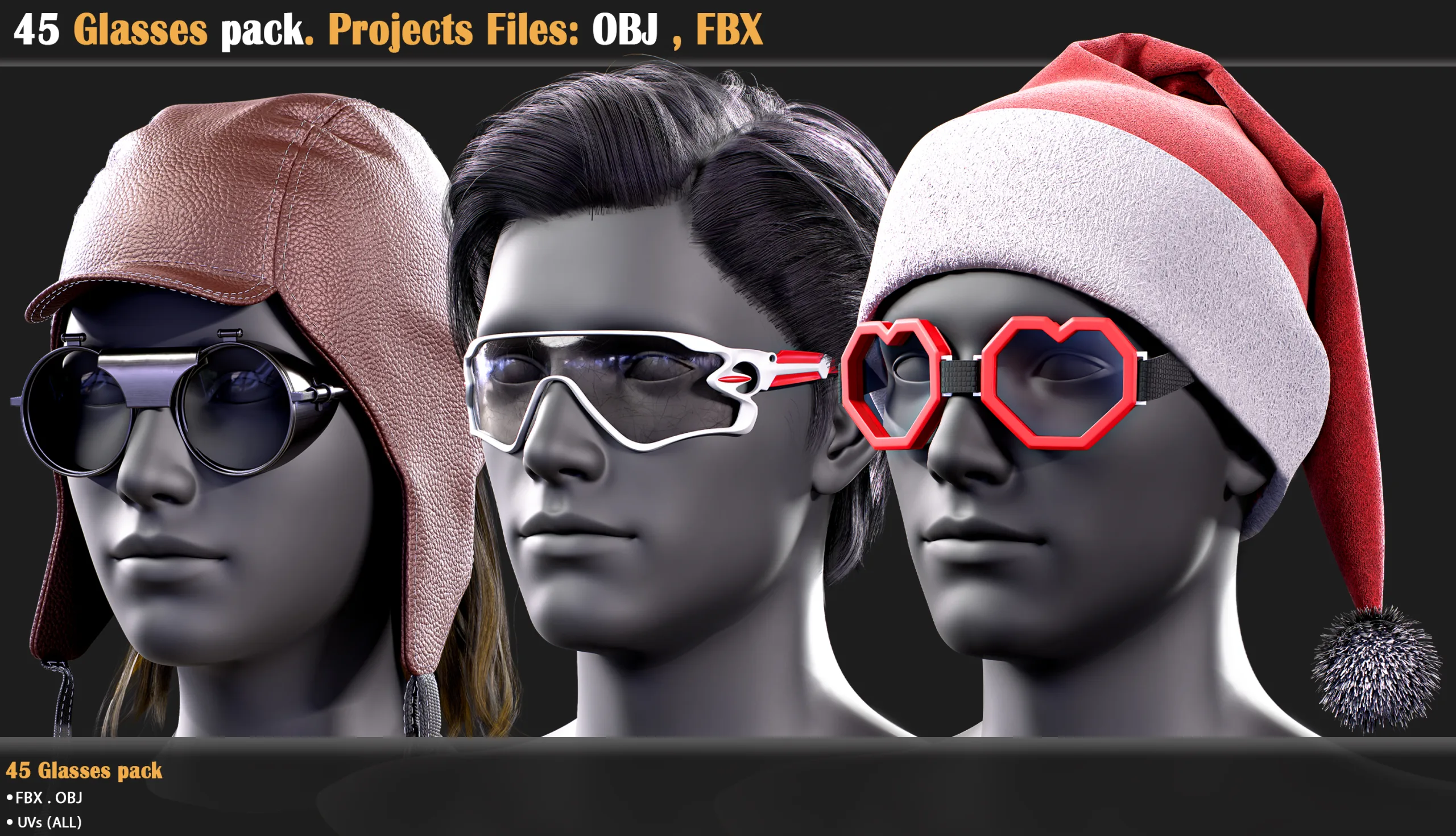 45 Glasses pack . Projects Files: OBJ , FBX (VOL 02)