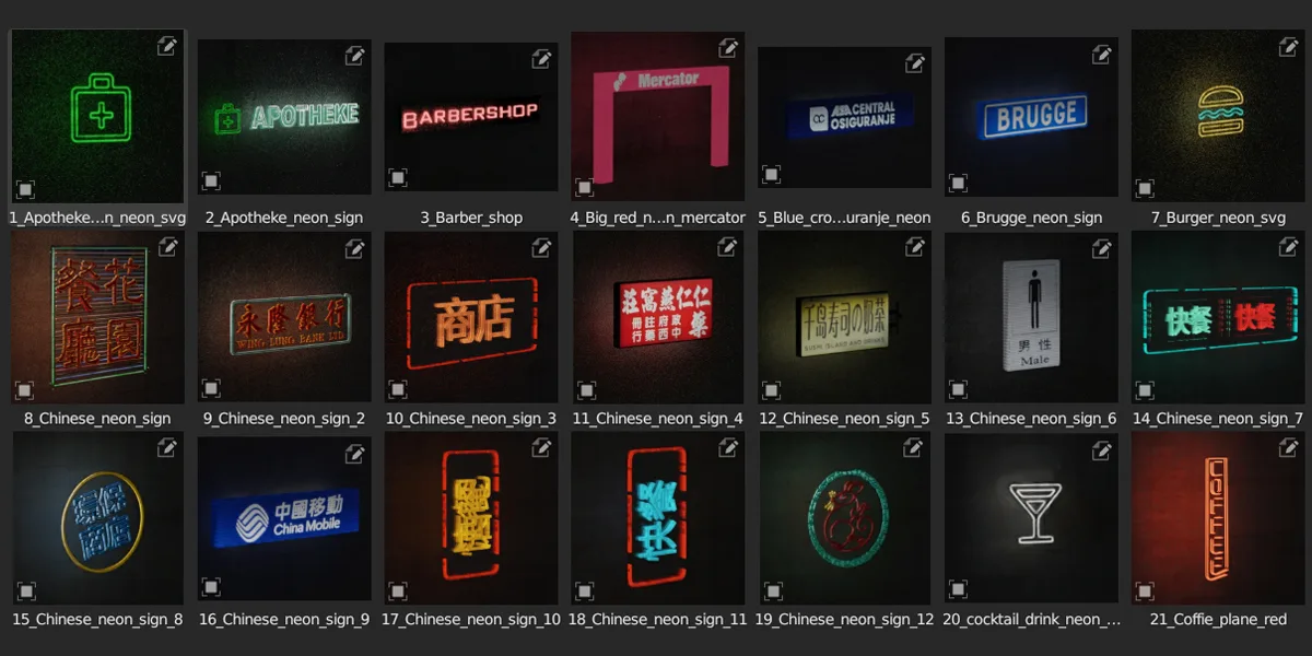 Neon Signs Asset Pack Ready For Blender Asset Browser (70 Assets)