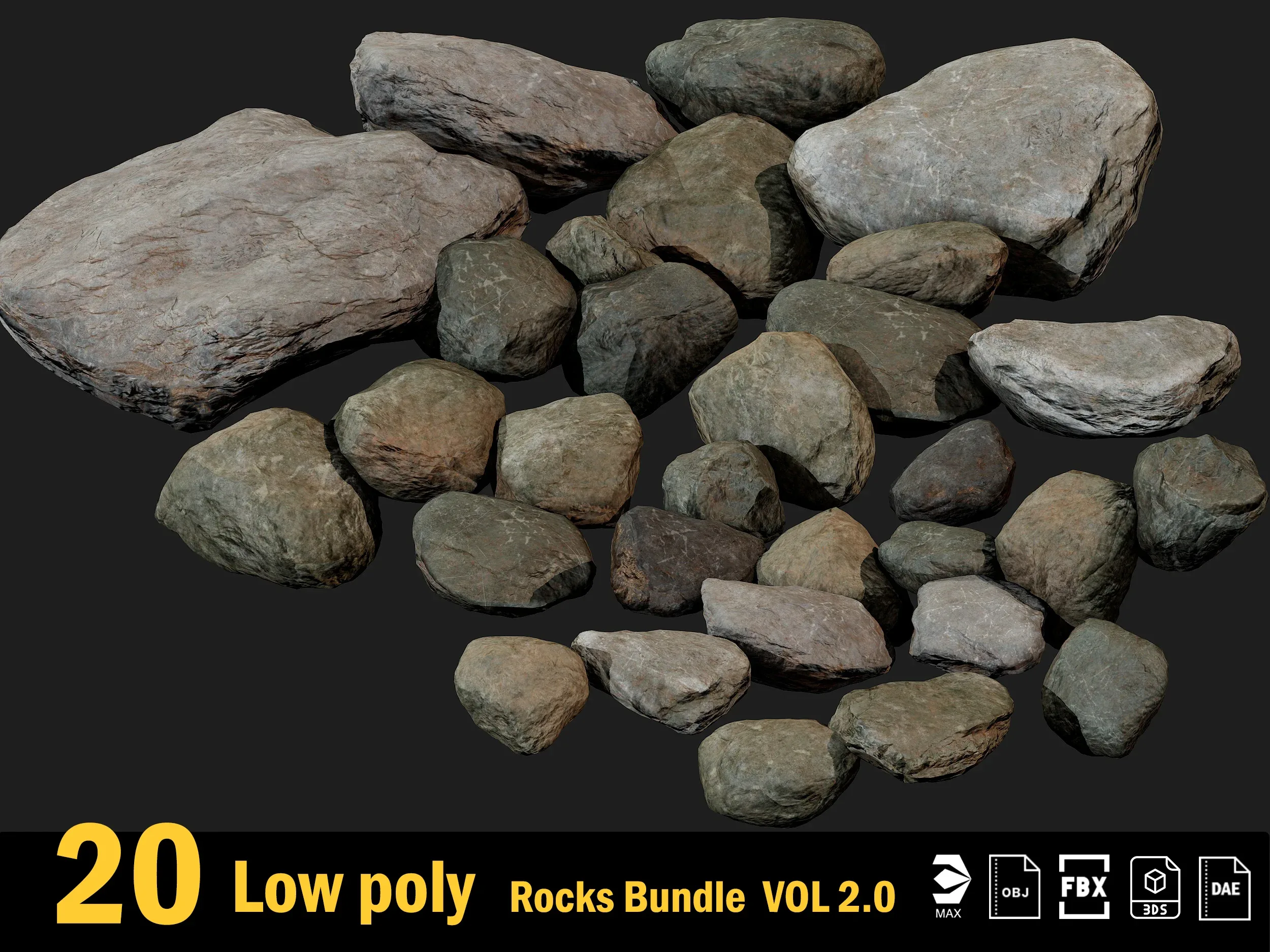 20 Low poly Rock Bundle Vol 2