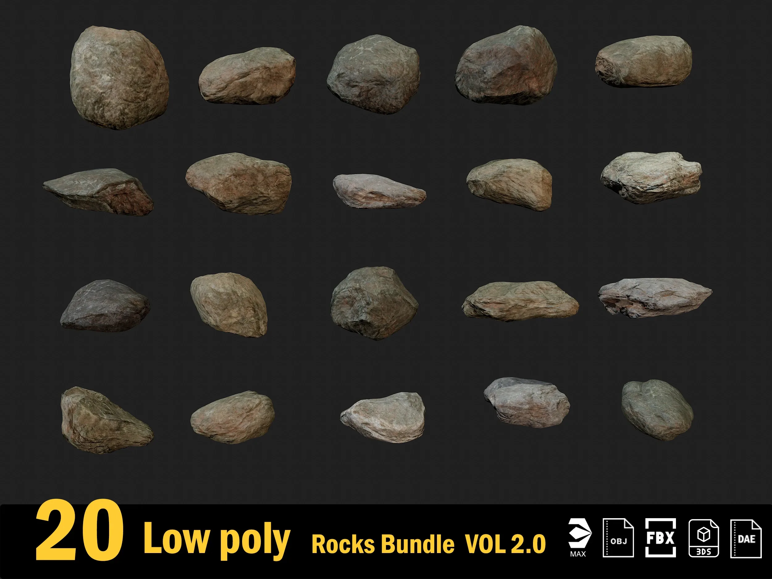 20 Low poly Rock Bundle Vol 2