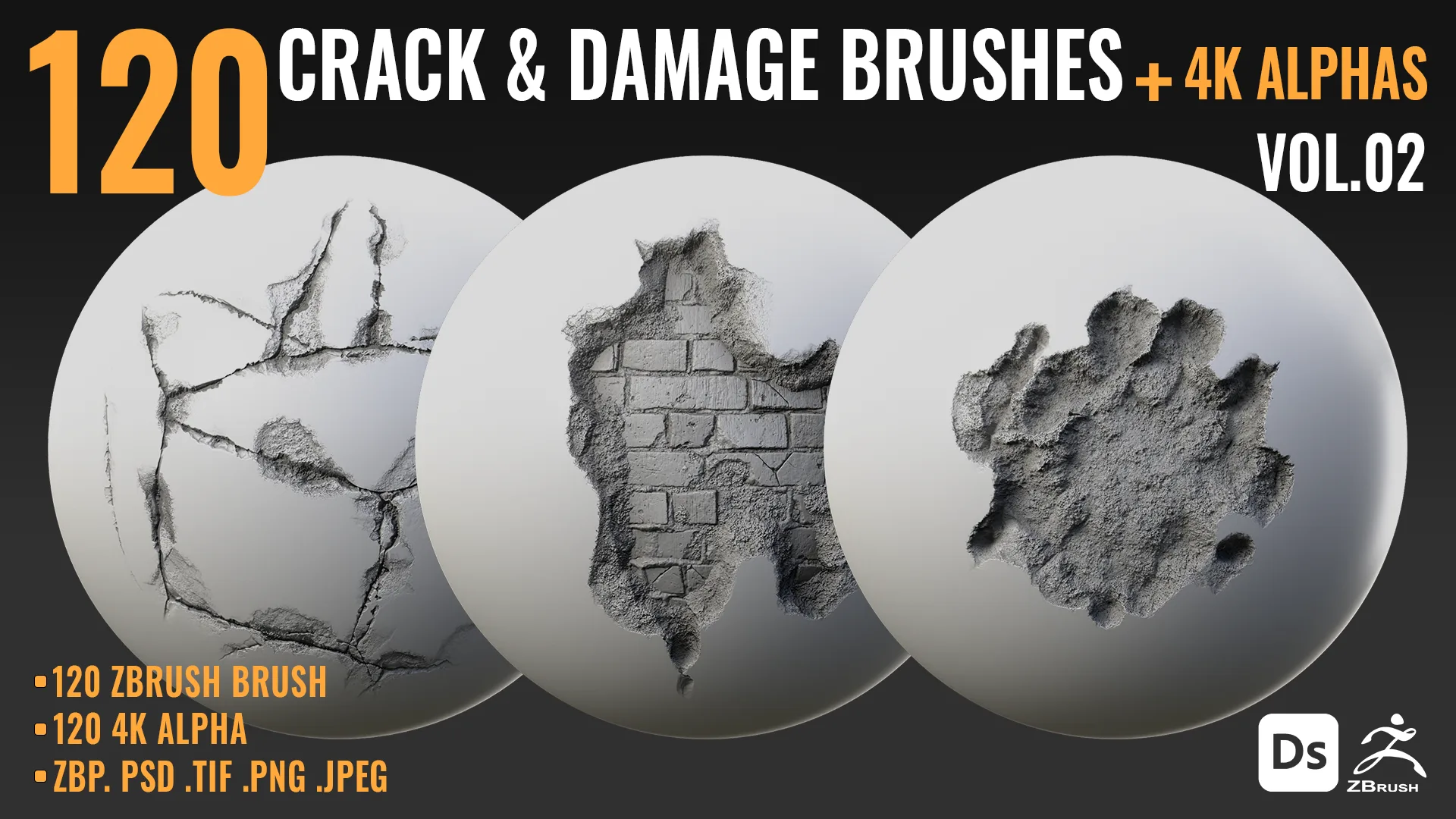 120 CRACK & DAMAGE BRUSHES + 4K ALPHAS - VOL 02