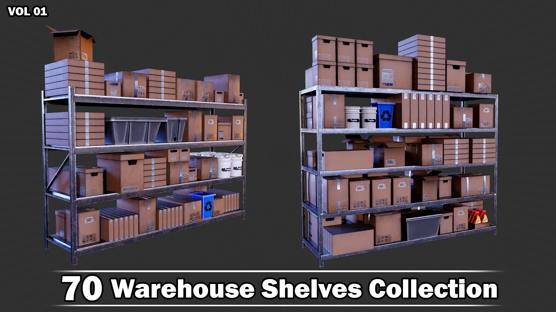 70 Warehouse Shelves Collection Game Ready VOL01