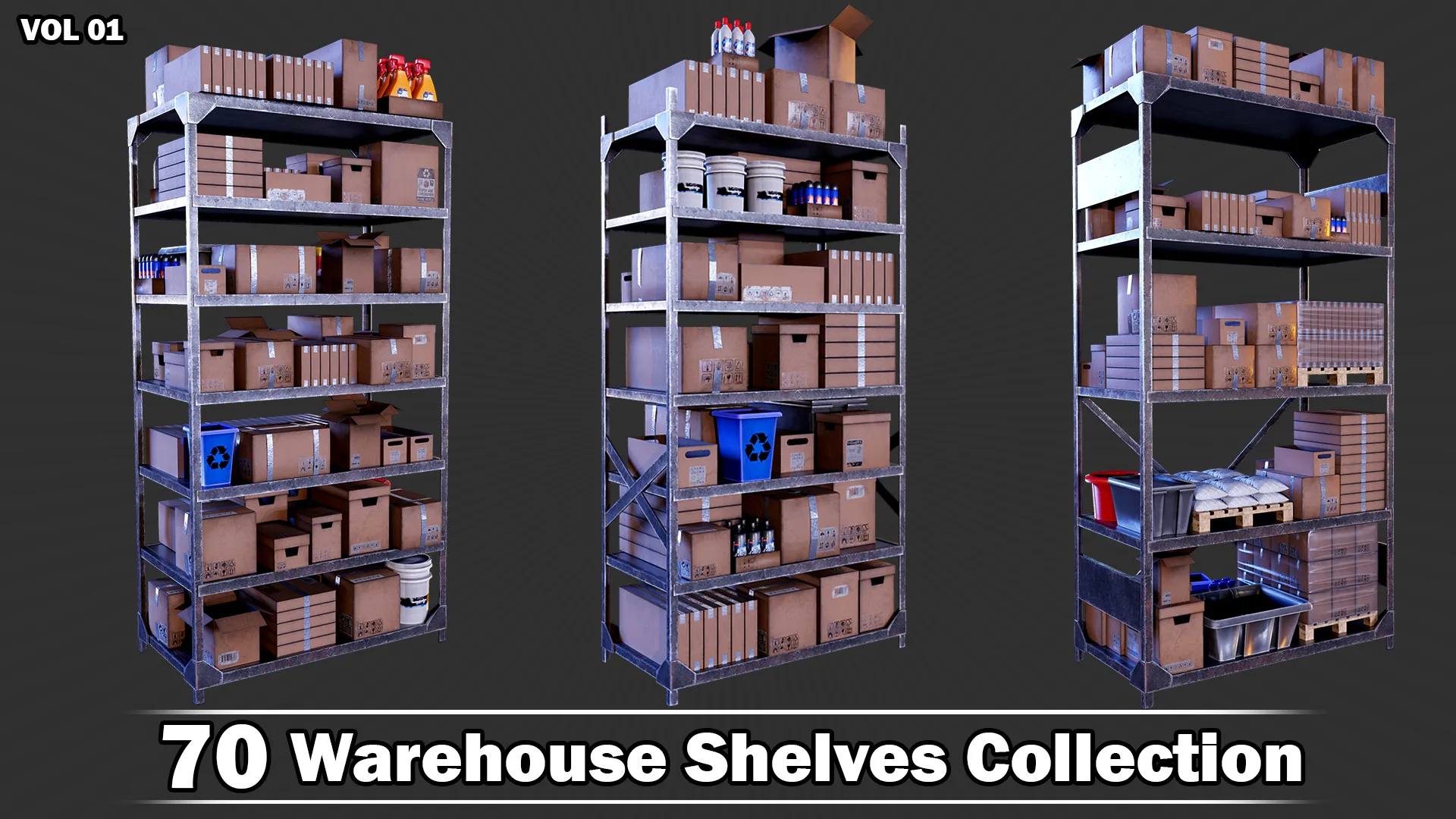 70 Warehouse Shelves Collection Game Ready VOL01