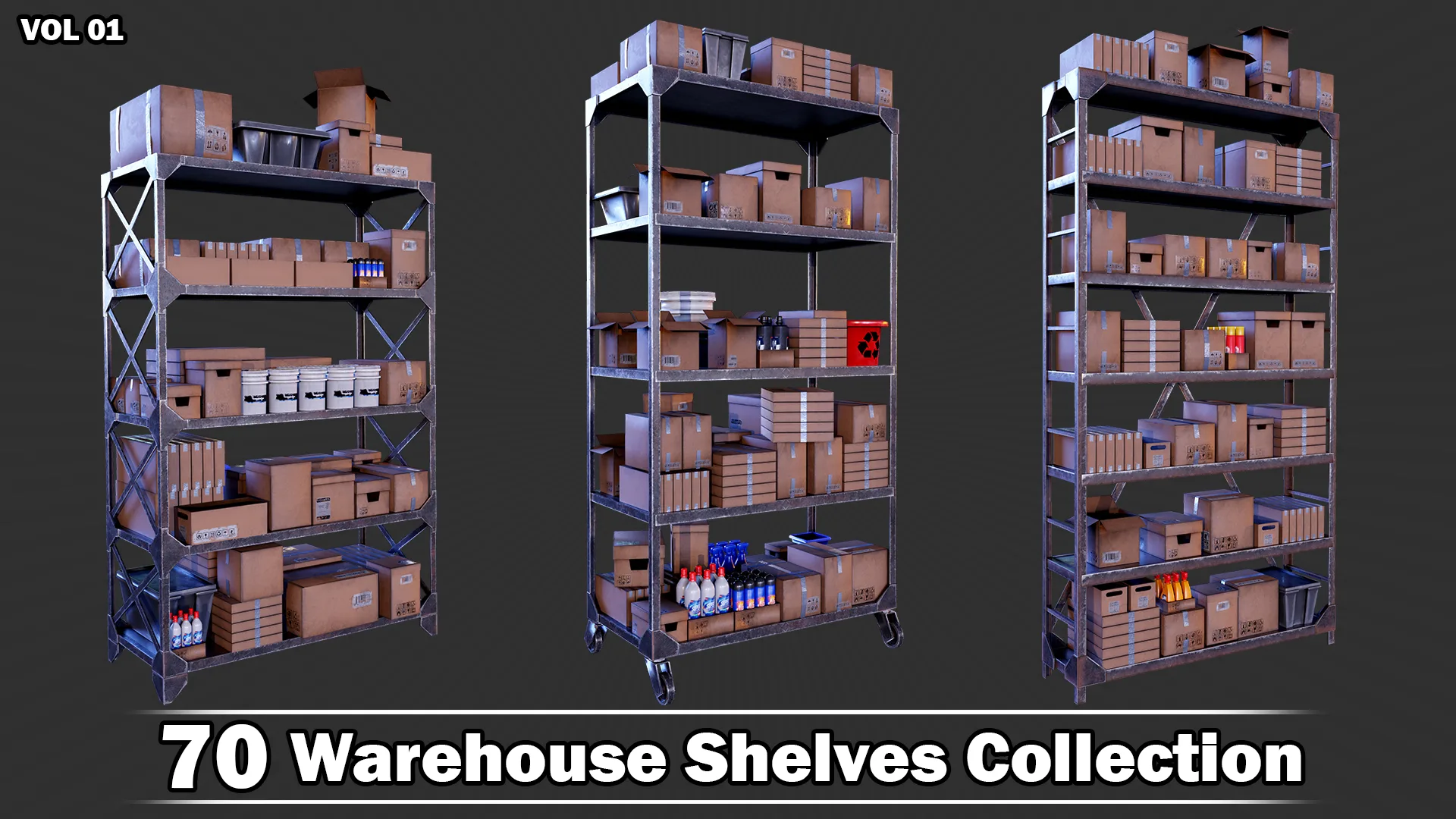 70 Warehouse Shelves Collection Game Ready VOL01