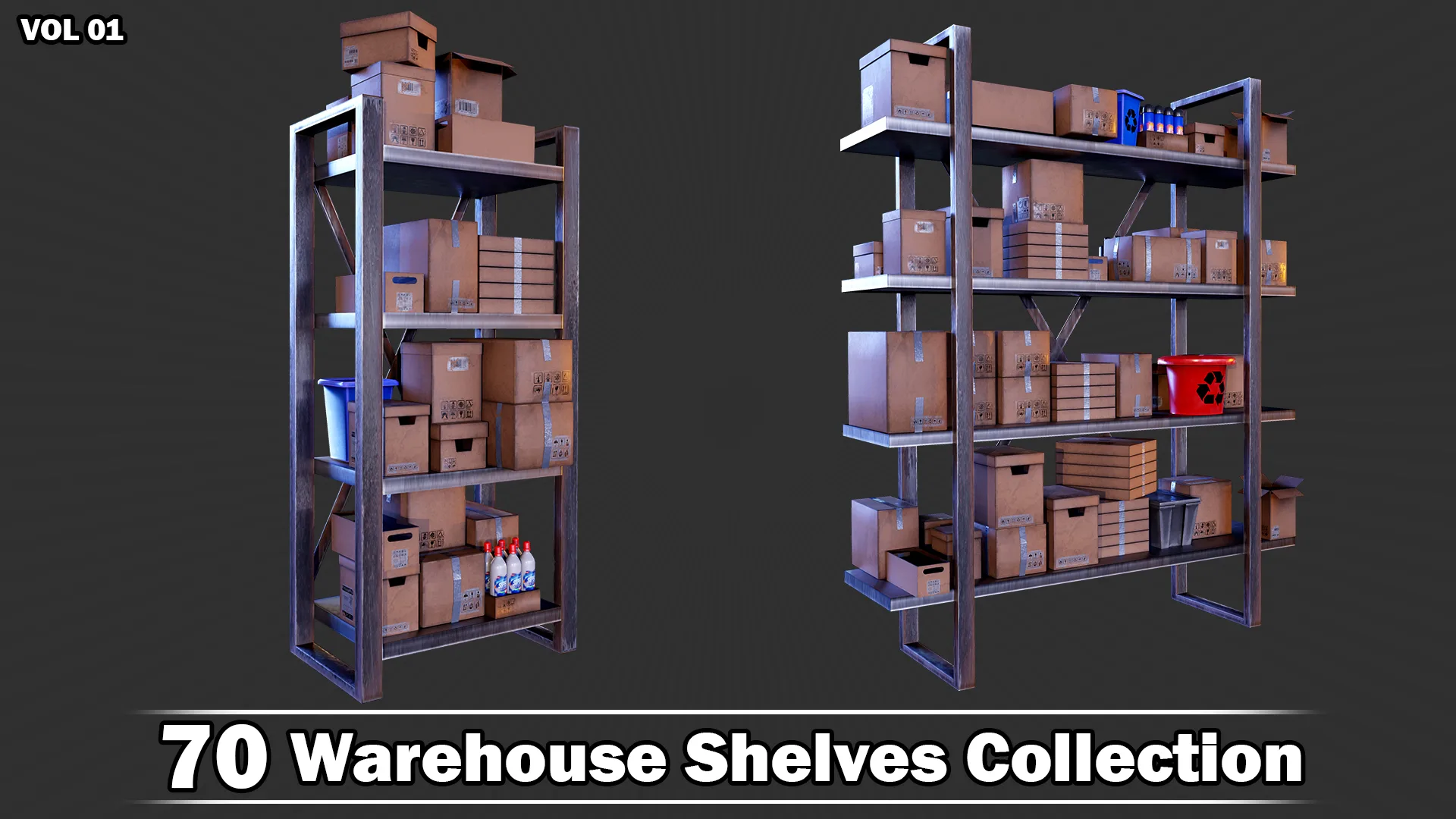 70 Warehouse Shelves Collection Game Ready VOL01