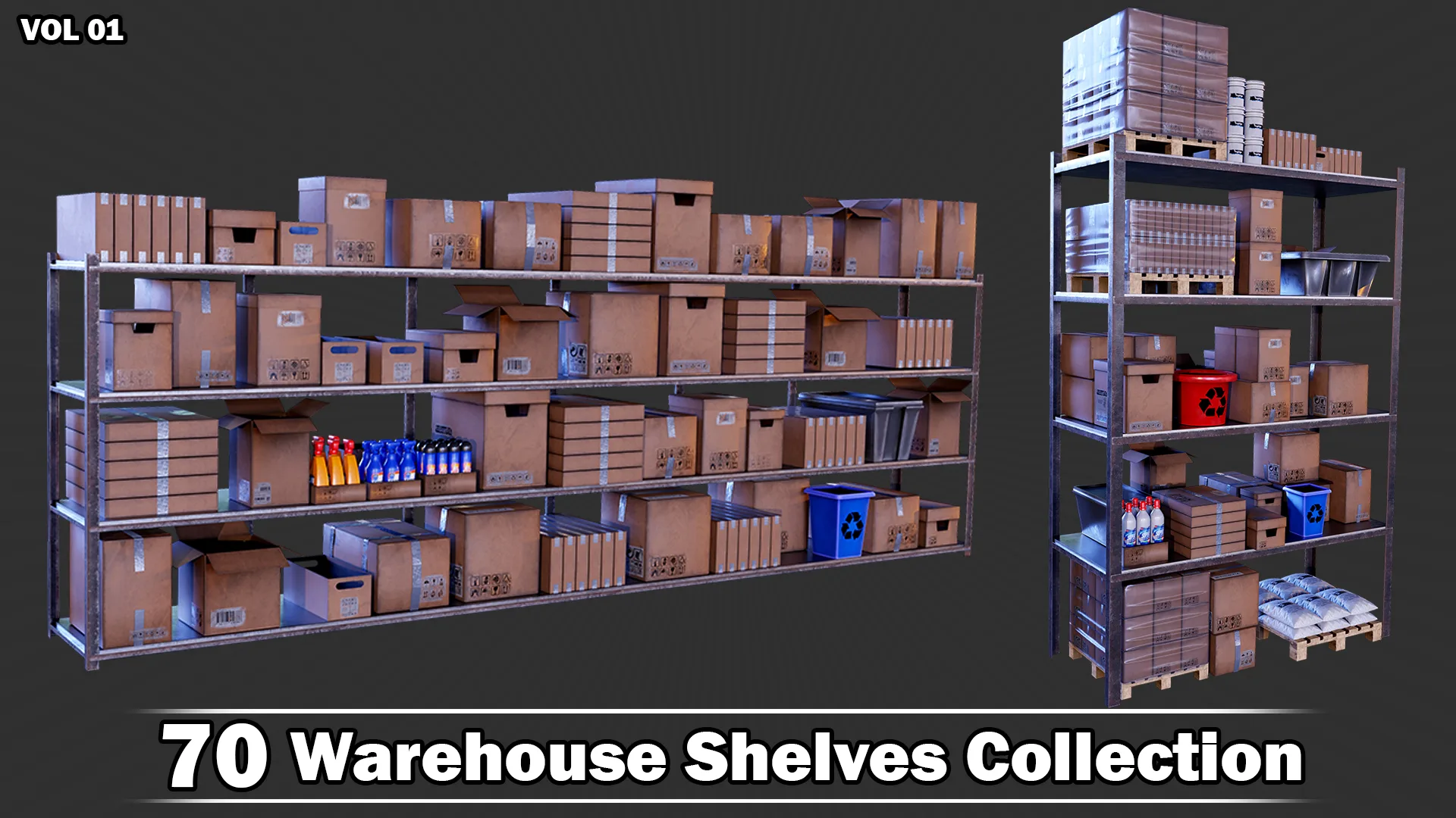 70 Warehouse Shelves Collection Game Ready VOL01