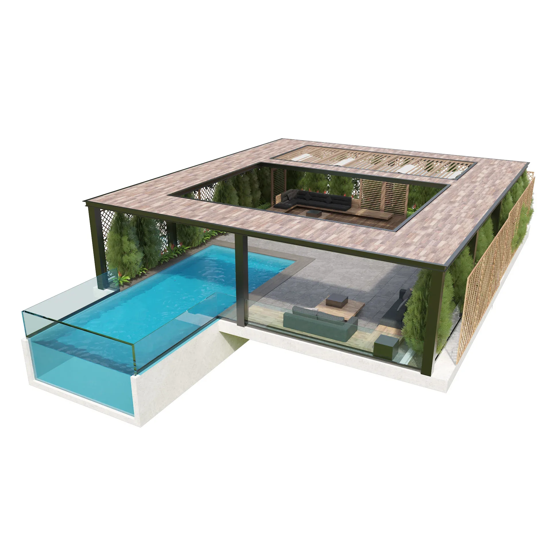 Roof Garden with suspended pool and outdoor furniture