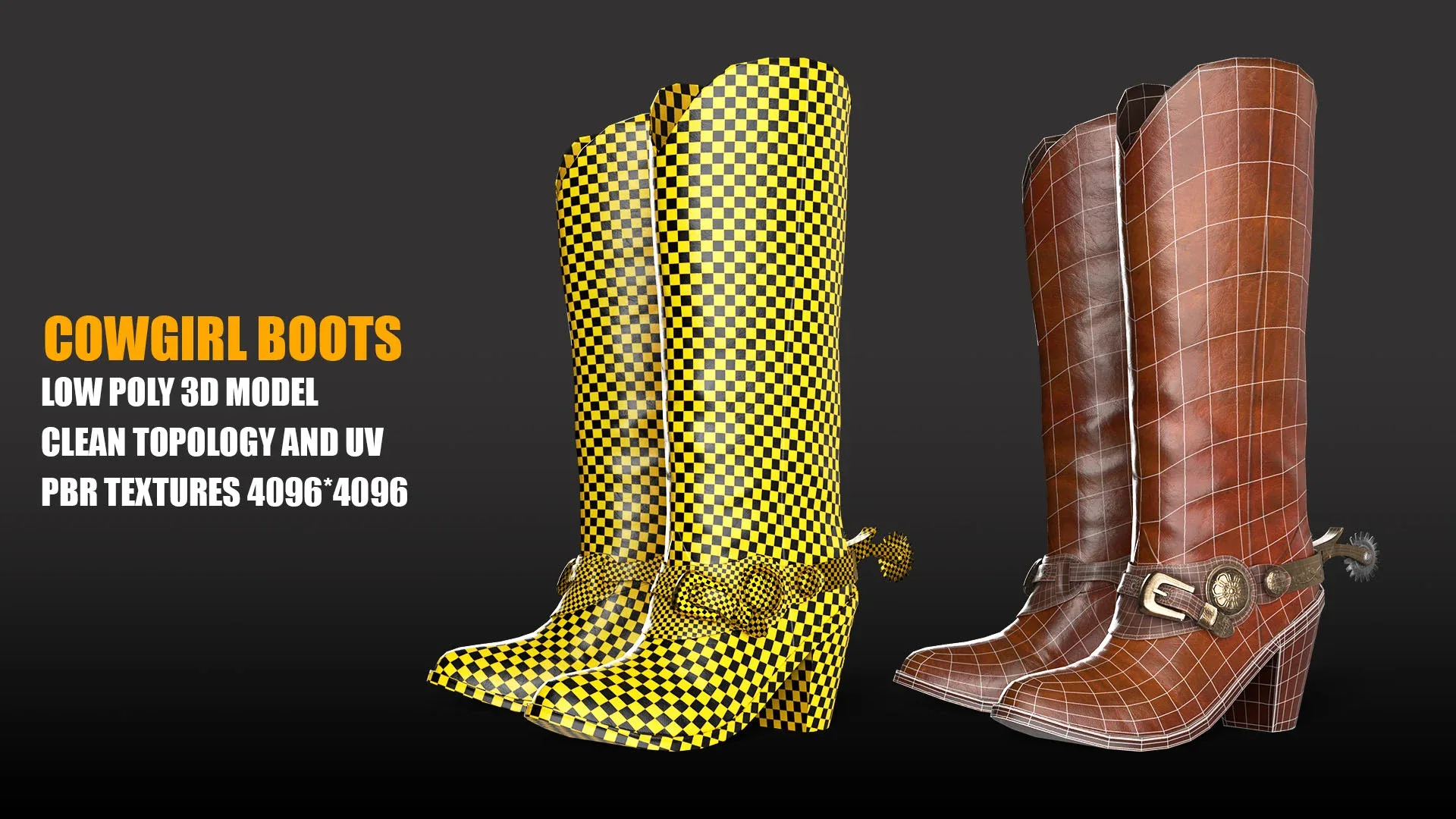 Leather Cowgirl Boots Low-poly 3D model PBR Textures