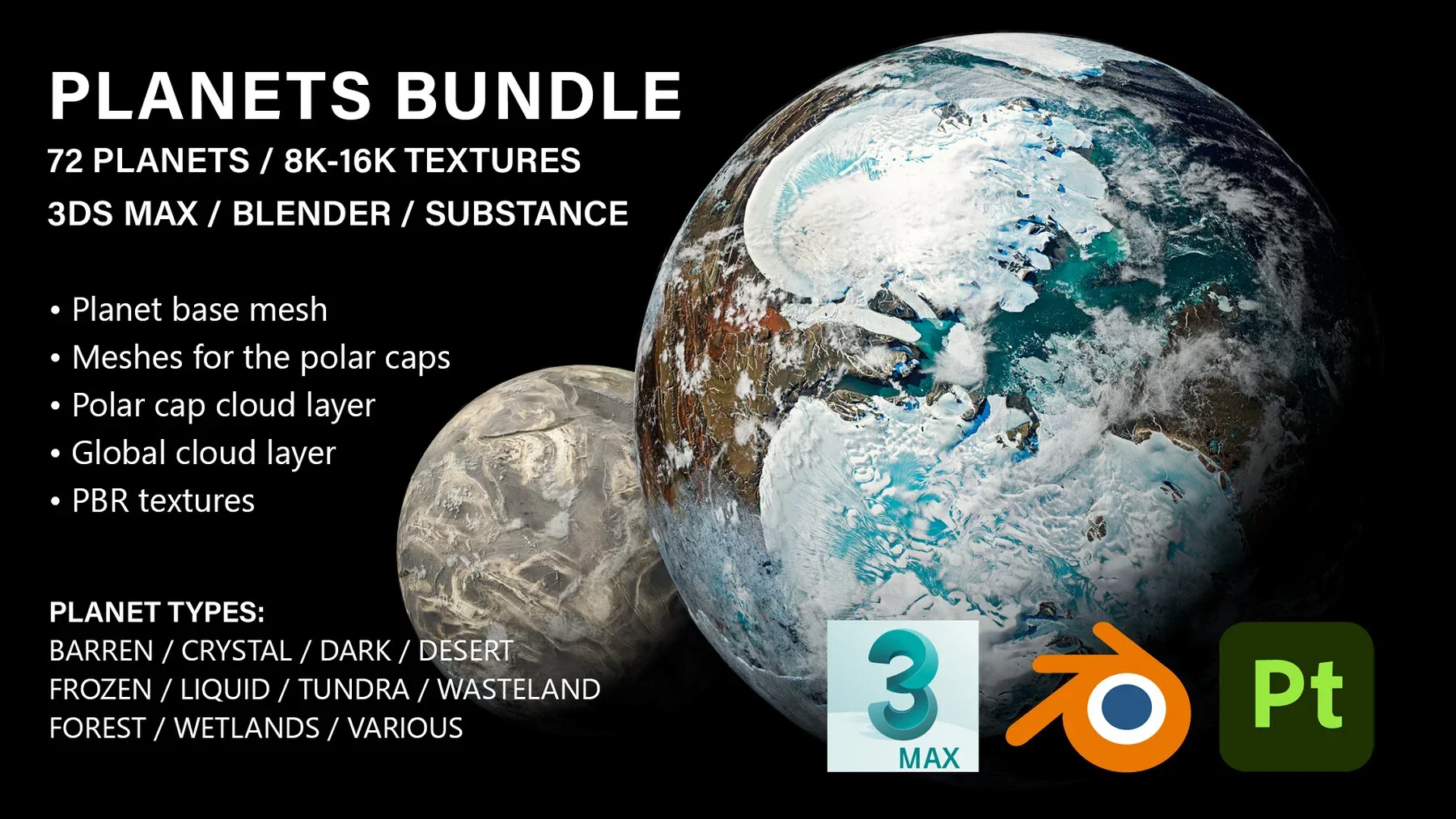 72 PBR Planets Bundle - 8K-16K Textures (Free Sample)