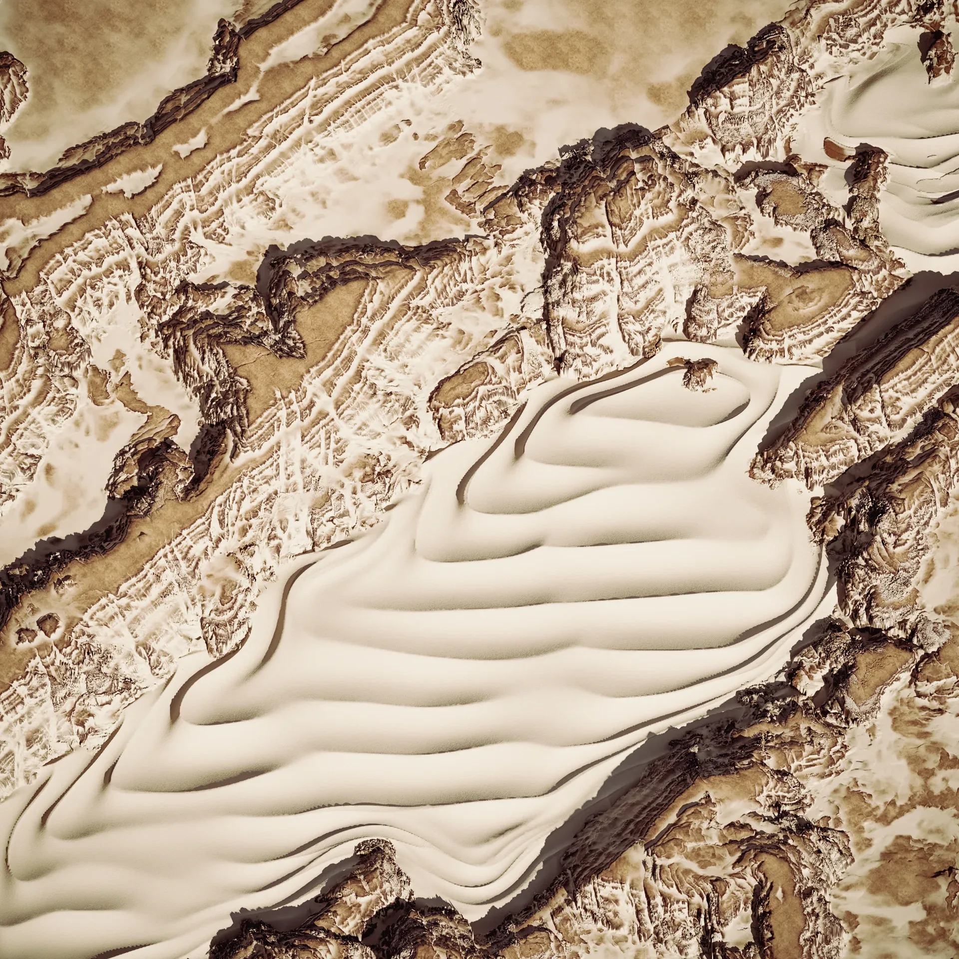 Layered Desert Sand Dunes and Rocks Terrain