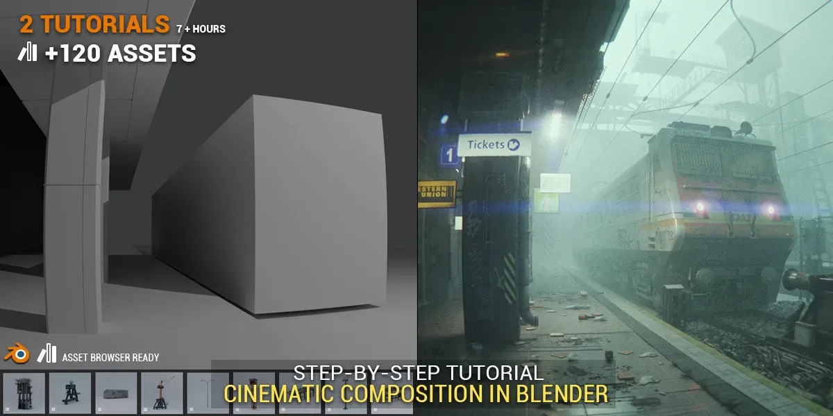 Blender Beginner Workflow For Cinematic Art, (2 tutorials - 7 h) + 100 Assets