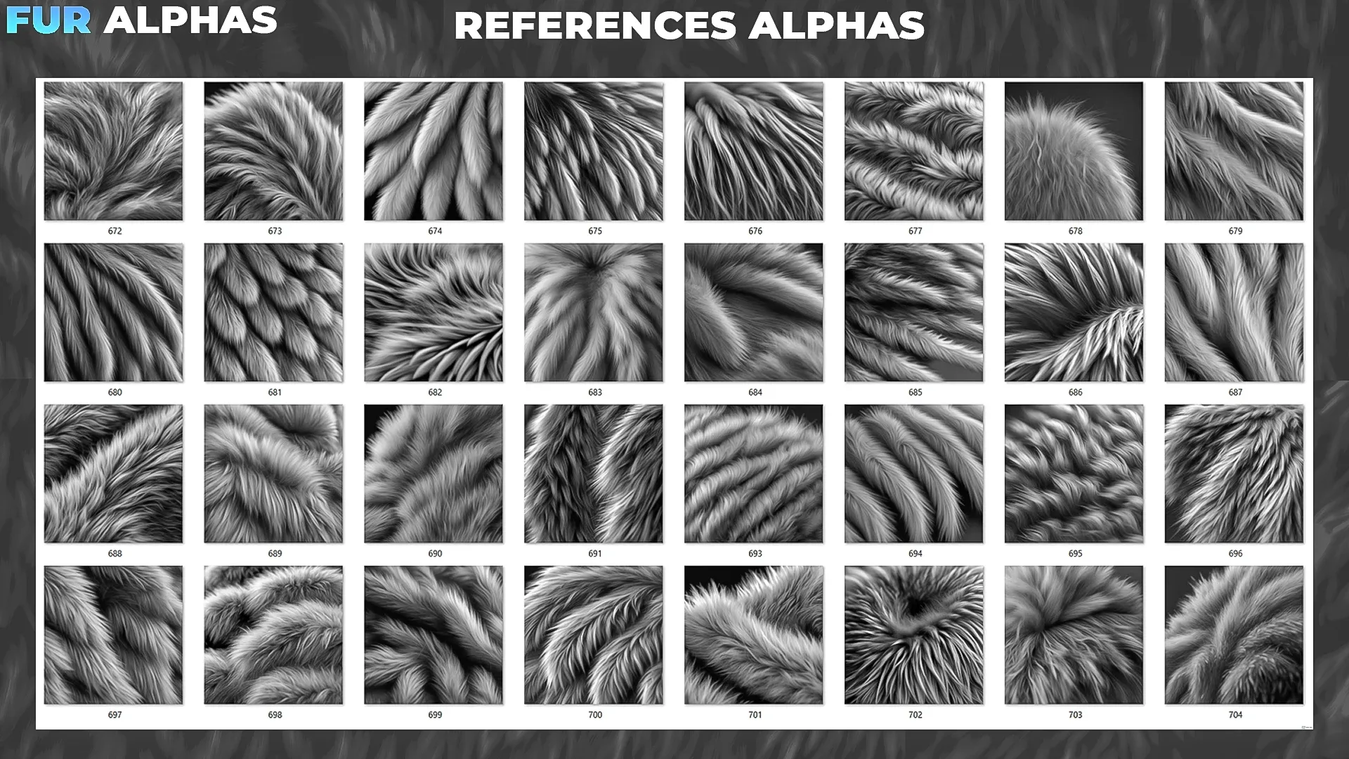 450+ Fur Alphas (Displacement Maps) for ZBrush, Blender, Substance Painter vol.9