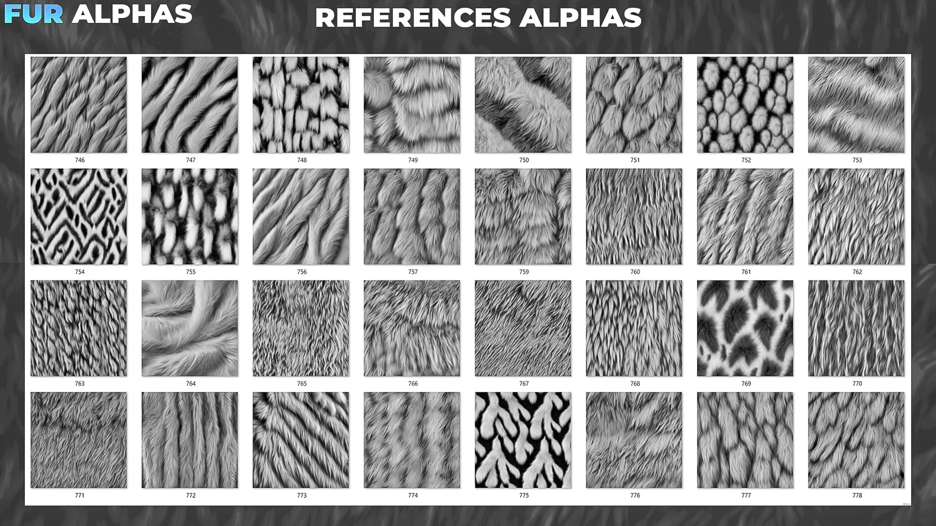 450+ Fur Alphas (Displacement Maps) for ZBrush, Blender, Substance Painter vol.9