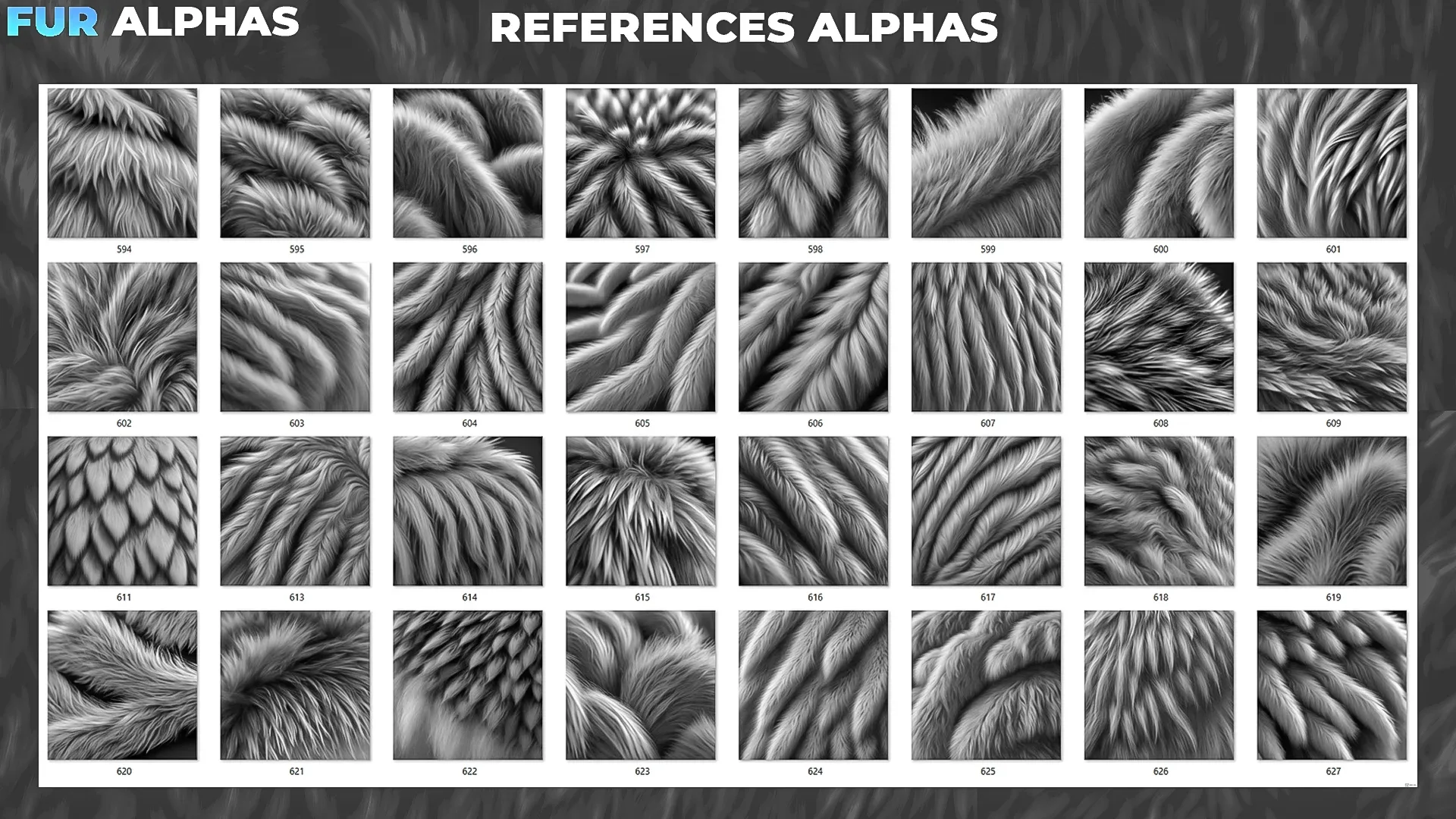 450+ Fur Alphas (Displacement Maps) for ZBrush, Blender, Substance Painter vol.9