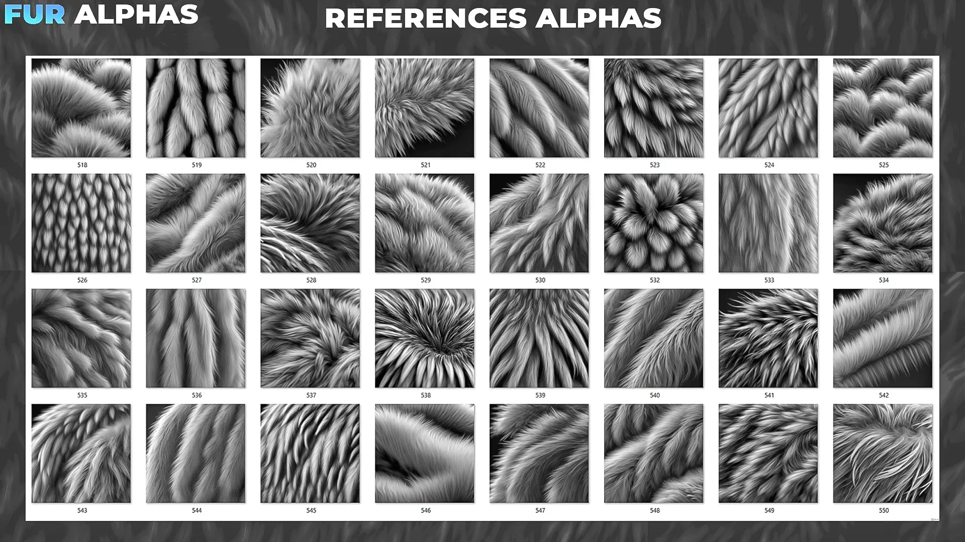 450+ Fur Alphas (Displacement Maps) for ZBrush, Blender, Substance Painter vol.9