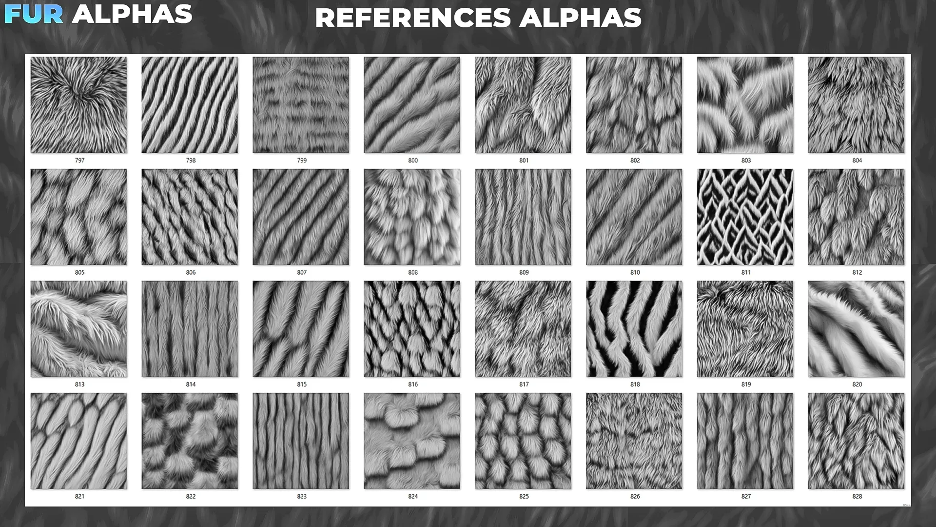 450+ Fur Alphas (Displacement Maps) for ZBrush, Blender, Substance Painter vol.9